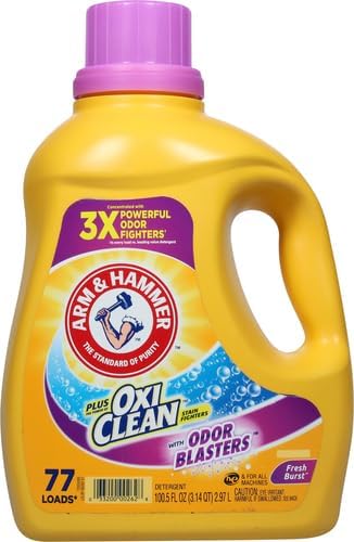 ARM & HAMMER Plus OxiClean with Odor Blasters Liquid Laundry Detergent, Laundry Odor Remover, Attacks Stains, Fresh Botanical Scent, 74 Loads, 96.2 Fl Oz