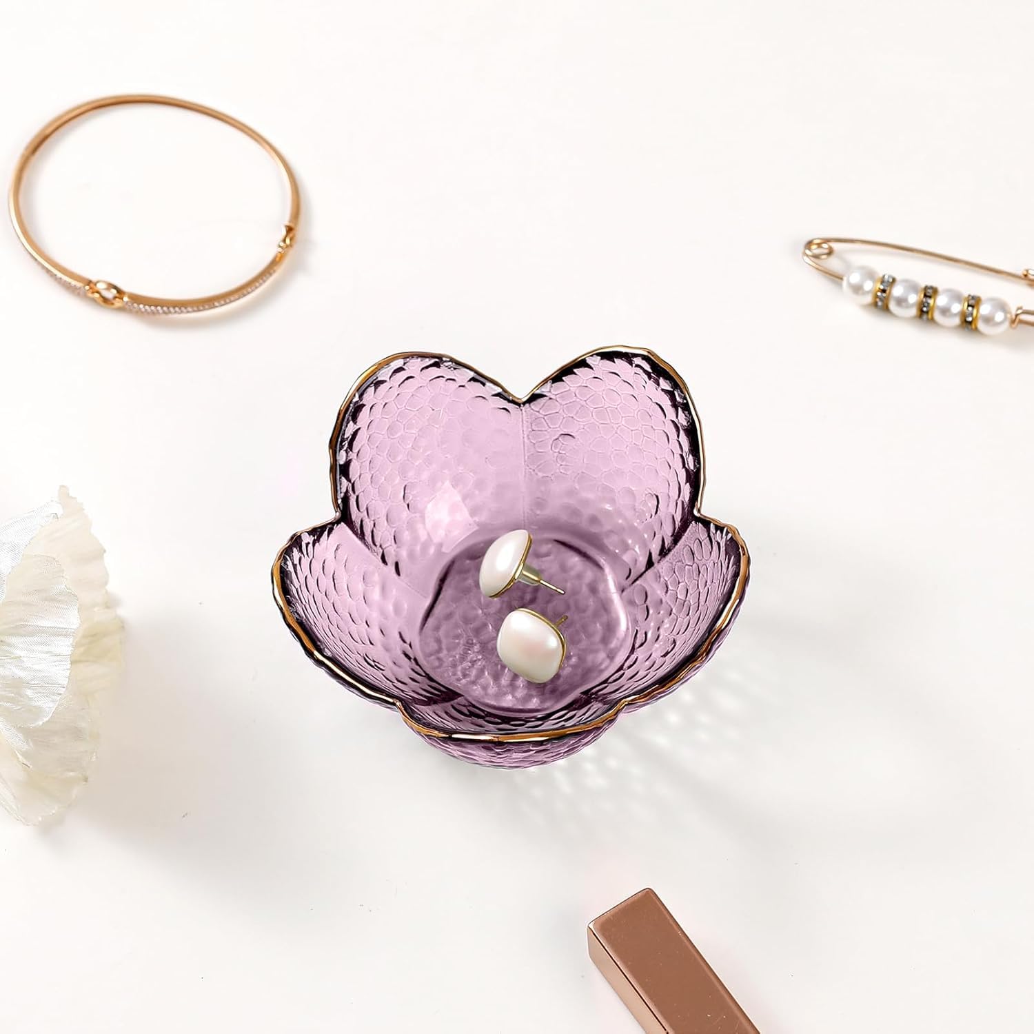 Gifts for Women Trinket Dish Flower Jewelry Dish Pink Glass Ring Holder Jewellery Tray Cute Room Decor Aesthetic Bedroom Accessories Unique Birthday New Home Mothers Day Gifts for Women Friends(2 pcs)