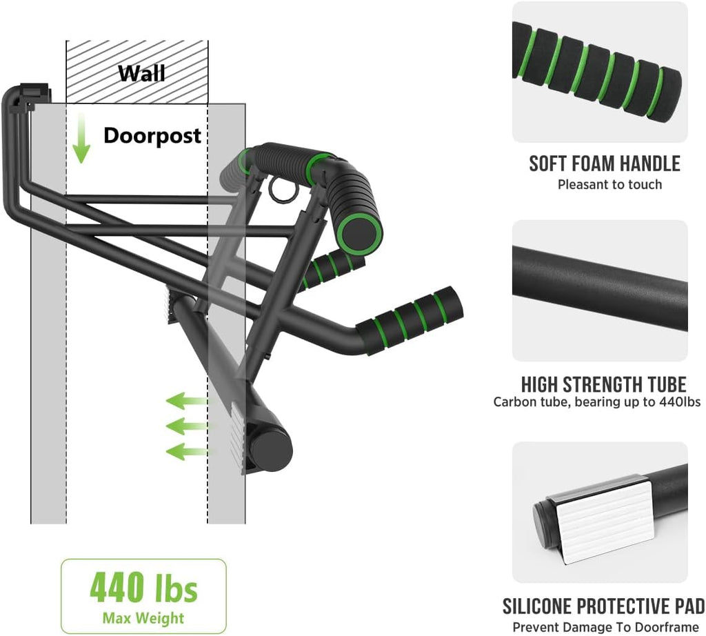 KAKICLAY New Upgrade Pull Up Bar for Doorway - Foldable Design & Space-Saving, Upto 440 Lbs Capacity, No Screwing or Slipping - USA Original Patent, Designed, Shipped, Warranty