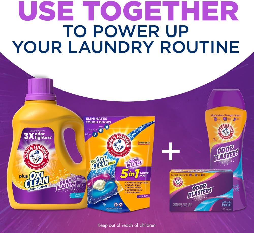 ARM & HAMMER Plus OxiClean with Odor Blasters Liquid Laundry Detergent, Laundry Odor Remover, Attacks Stains, Fresh Botanical Scent, 74 Loads, 96.2 Fl Oz