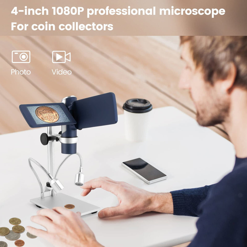 Andonstar AD203 Handheld Digital Microscope, Portable Pocket USB Coin Microscope with 4 inch Screen for Kids and Adults, Black, Electronic FHD Video, Windows Mac PC