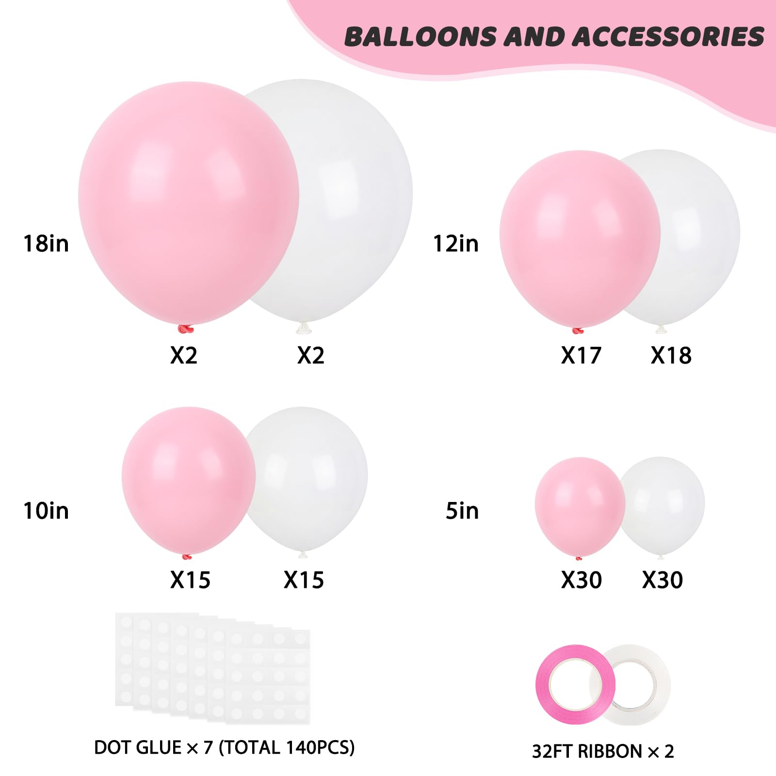 RUBFAC Pink Balloons 129pcs Light Pastel Pink Balloon Different Sizes 18 12 10 5 Inch for Garland Arch Mother's Day Birthday Party Baby Shower Gender Reveal Wedding Anniversary Easter Decoration