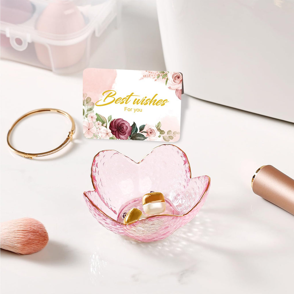 Gifts for Women Trinket Dish Flower Jewelry Dish Pink Glass Ring Holder Jewellery Tray Cute Room Decor Aesthetic Bedroom Accessories Unique Birthday New Home Mothers Day Gifts for Women Friends(2 pcs)