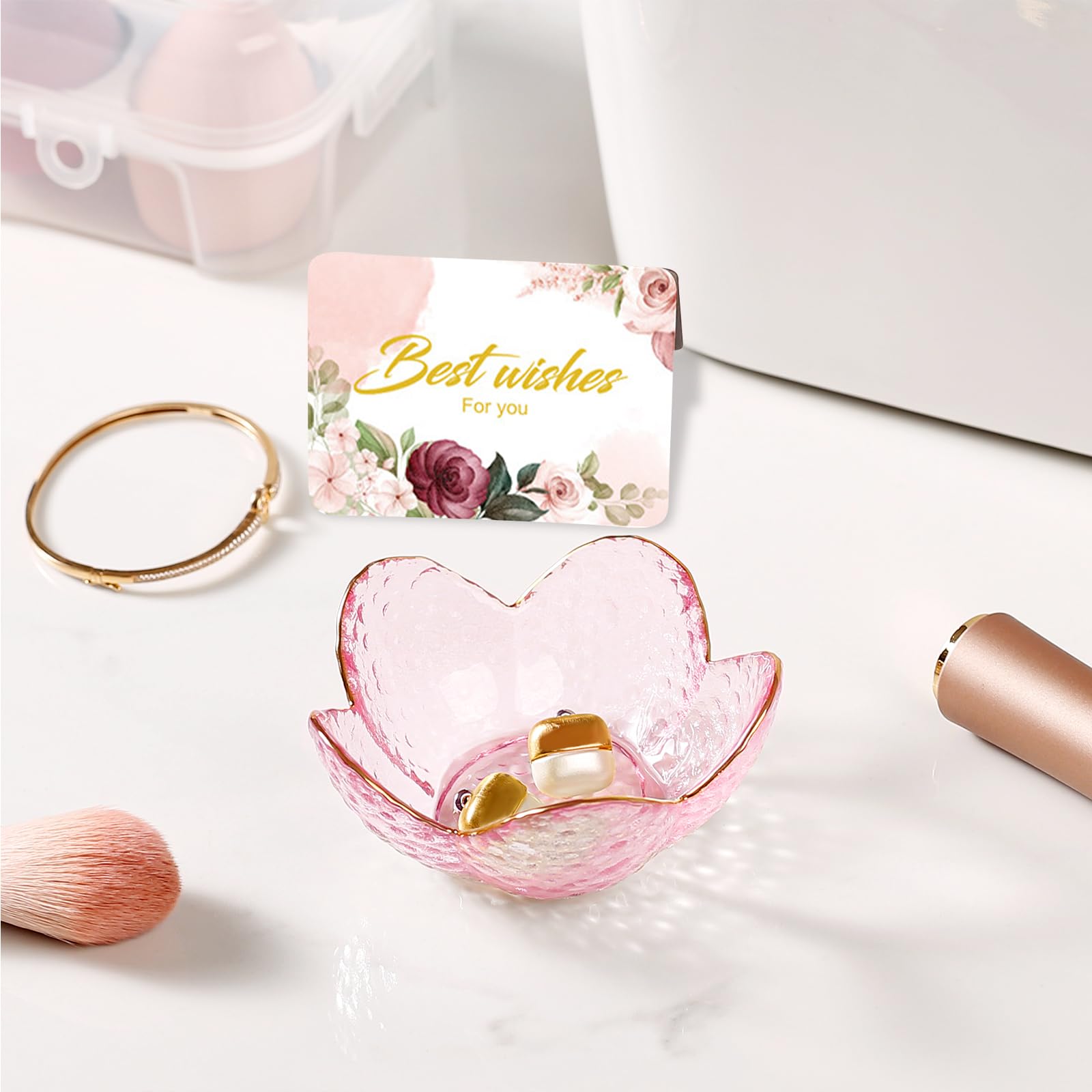 Gifts for Women Trinket Dish Flower Jewelry Dish Pink Glass Ring Holder Jewellery Tray Cute Room Decor Aesthetic Bedroom Accessories Unique Birthday New Home Mothers Day Gifts for Women Friends(2 pcs)