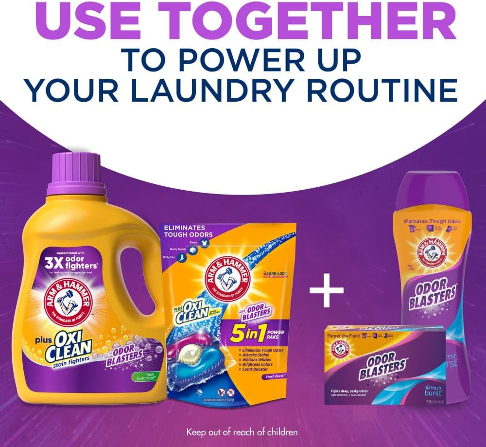 ARM & HAMMER Plus OxiClean with Odor Blasters Liquid Laundry Detergent, Laundry Odor Remover, Attacks Stains, Fresh Botanical Scent, 74 Loads, 96.2 Fl Oz