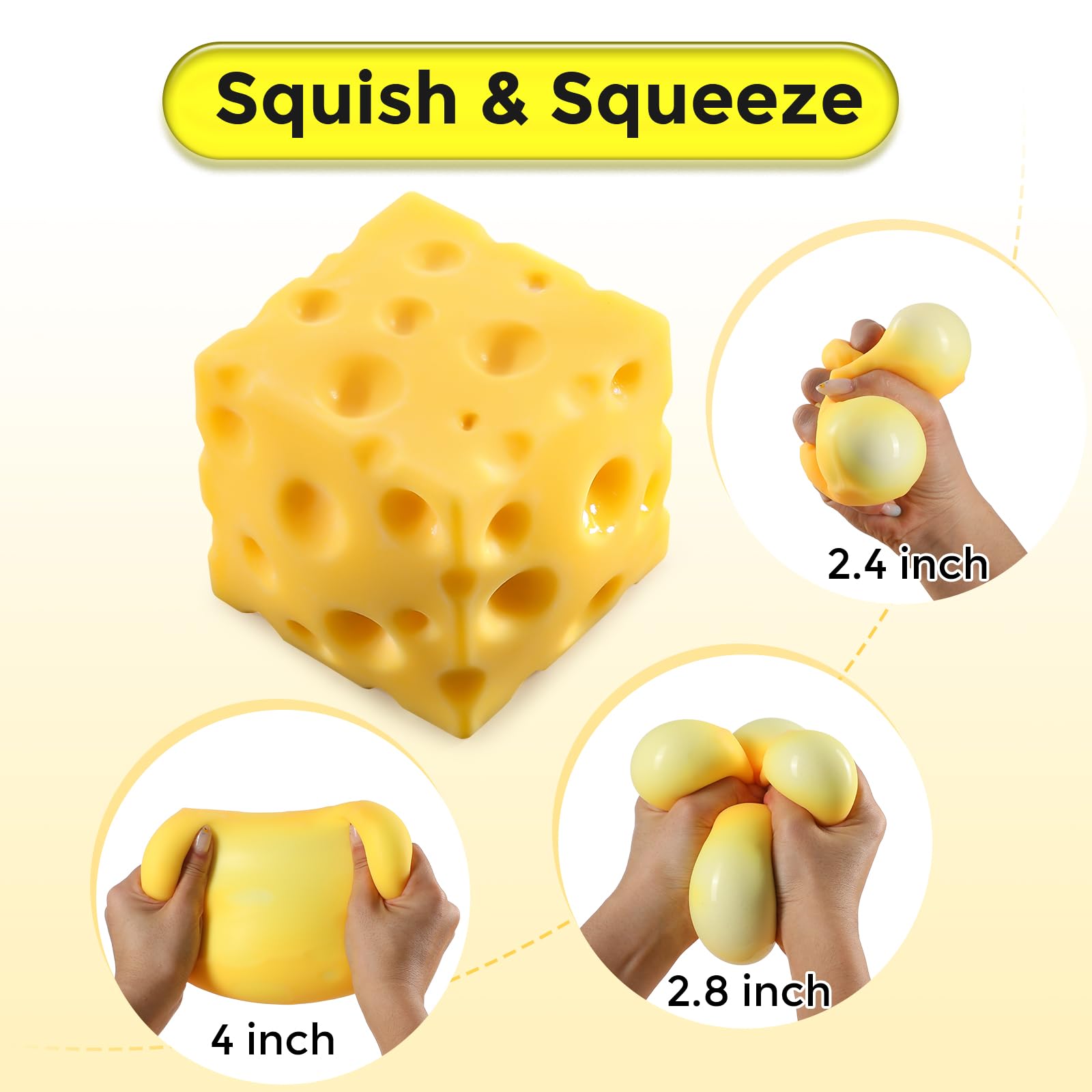 Cheese Squishy Cube Block, Squishy Fidget Toys for Adults & Teens, Easter Basket Stocking Stuffers, Sensory Stress Ball Squeeze Toys for Stress Relief (Yellow 2.4 in)