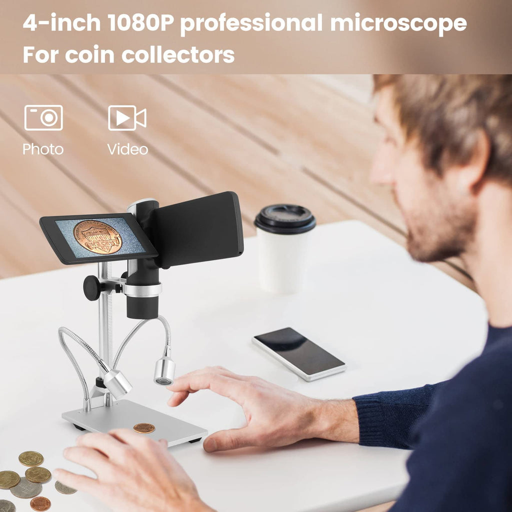 Andonstar AD203 Handheld Digital Microscope, Portable Pocket USB Coin Microscope with 4 inch Screen for Kids and Adults, Black, Electronic FHD Video, Windows Mac PC