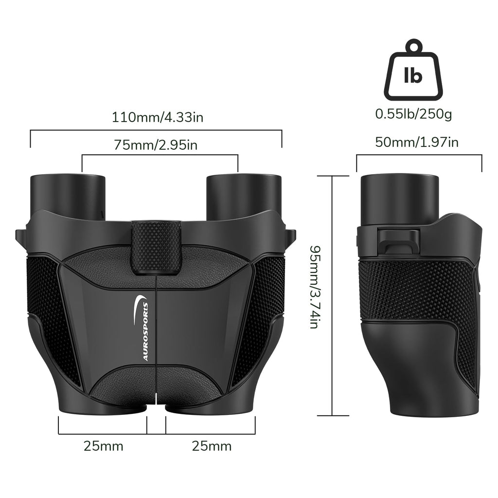 Aurosports 15x25 Compact Binoculars for Kids - Small Binoculars Lightweight with Carrying Case Birding Guide for Bird Watching Hiking Camping Travel Gift for 8-12 Years Boys Girls (Black)