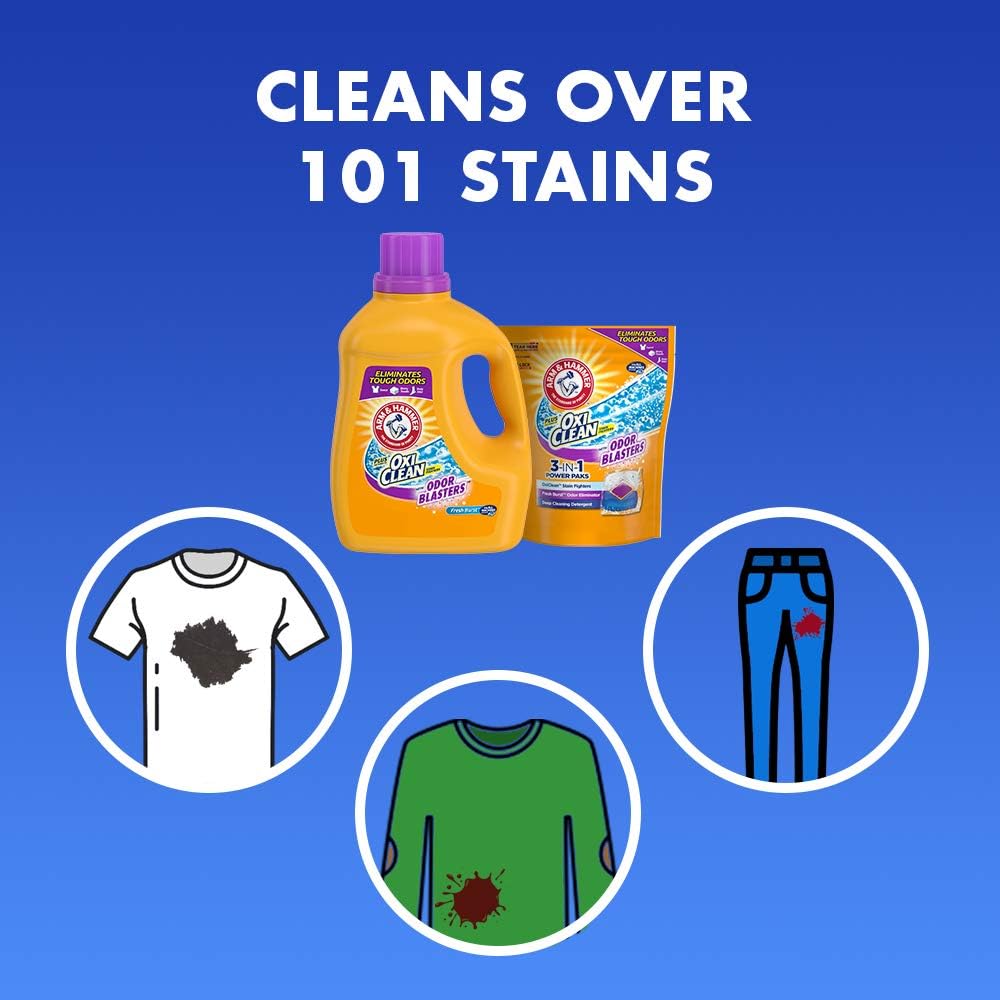ARM & HAMMER Plus OxiClean with Odor Blasters Liquid Laundry Detergent, Laundry Odor Remover, Attacks Stains, Fresh Botanical Scent, 74 Loads, 96.2 Fl Oz