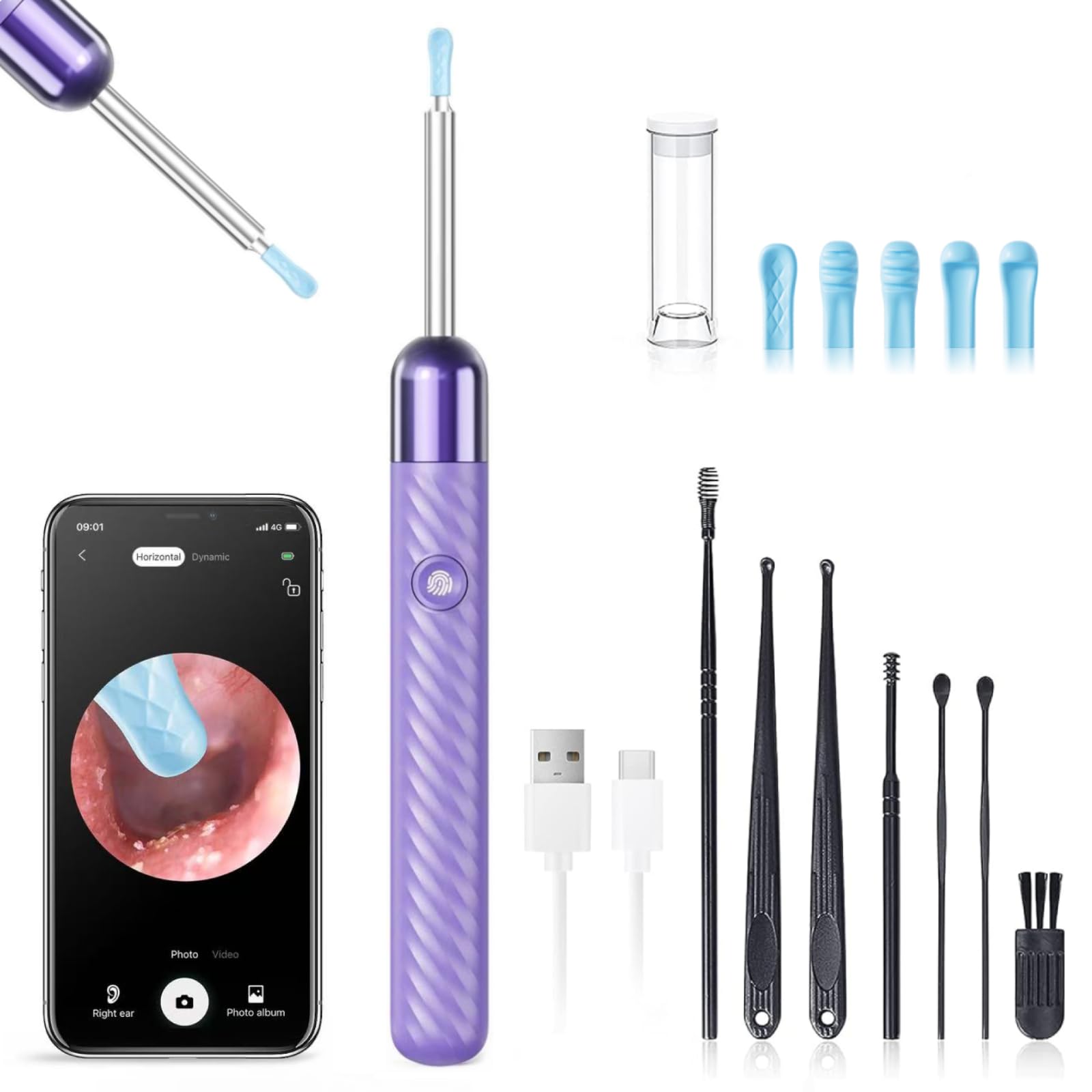 LEIPUT Ear Wax Removal - Earwax Remover Tool with 8 Pcs Ear Set - Ear Canal Cleaner with 1080P Camera - FSA HSA Eligible - Ear Cleaning Kit with 6 Ear Spoon - Ear Camera for iOS & Android (Black)