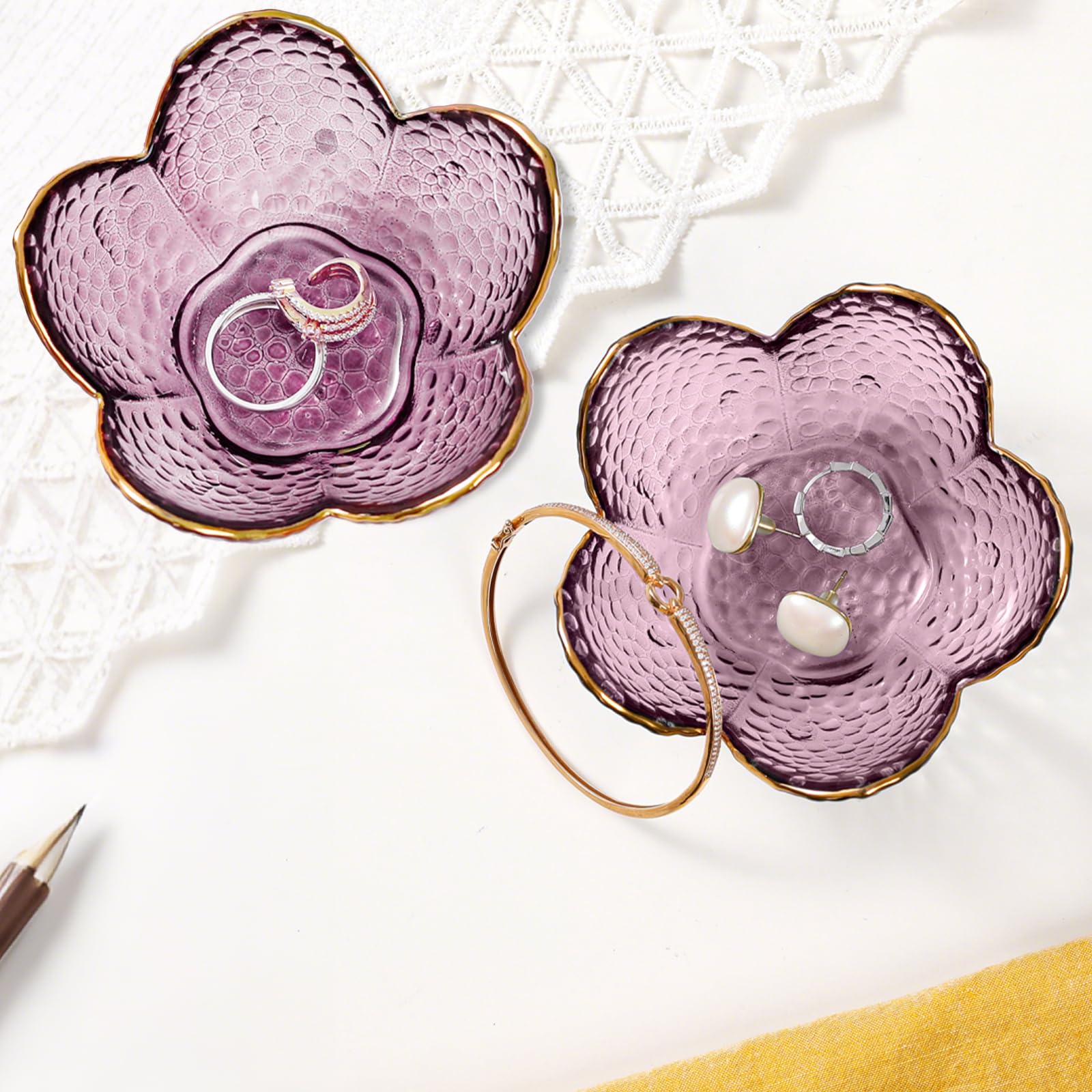 Gifts for Women Trinket Dish Flower Jewelry Dish Pink Glass Ring Holder Jewellery Tray Cute Room Decor Aesthetic Bedroom Accessories Unique Birthday New Home Mothers Day Gifts for Women Friends(2 pcs)