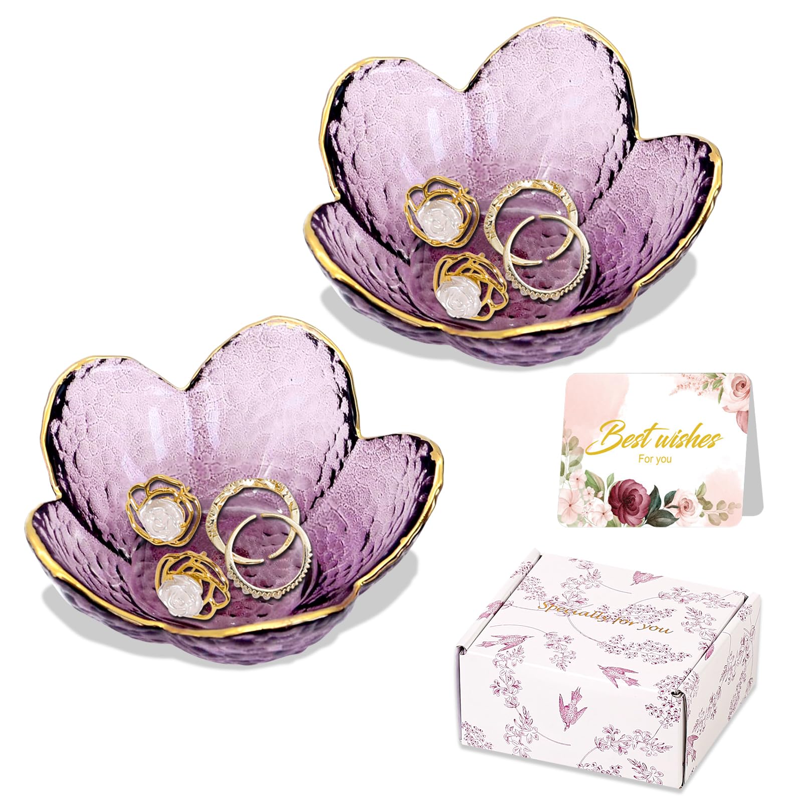 Gifts for Women Trinket Dish Flower Jewelry Dish Pink Glass Ring Holder Jewellery Tray Cute Room Decor Aesthetic Bedroom Accessories Unique Birthday New Home Mothers Day Gifts for Women Friends(2 pcs)