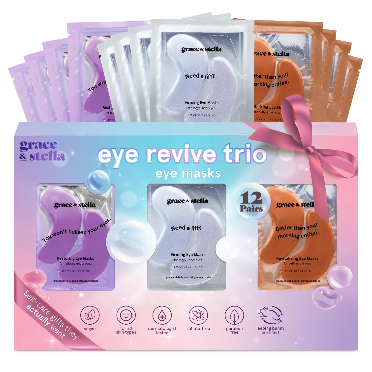 grace & stella Under Eye Mask Variety Pack - 18 Pairs of Under Eye Patches for Dark Circles - With 6 Colors (3 Pairs/Color) - Mothers Day Gifts for Mom - Gel Masks Puffy Eyes for Women, Vegan
