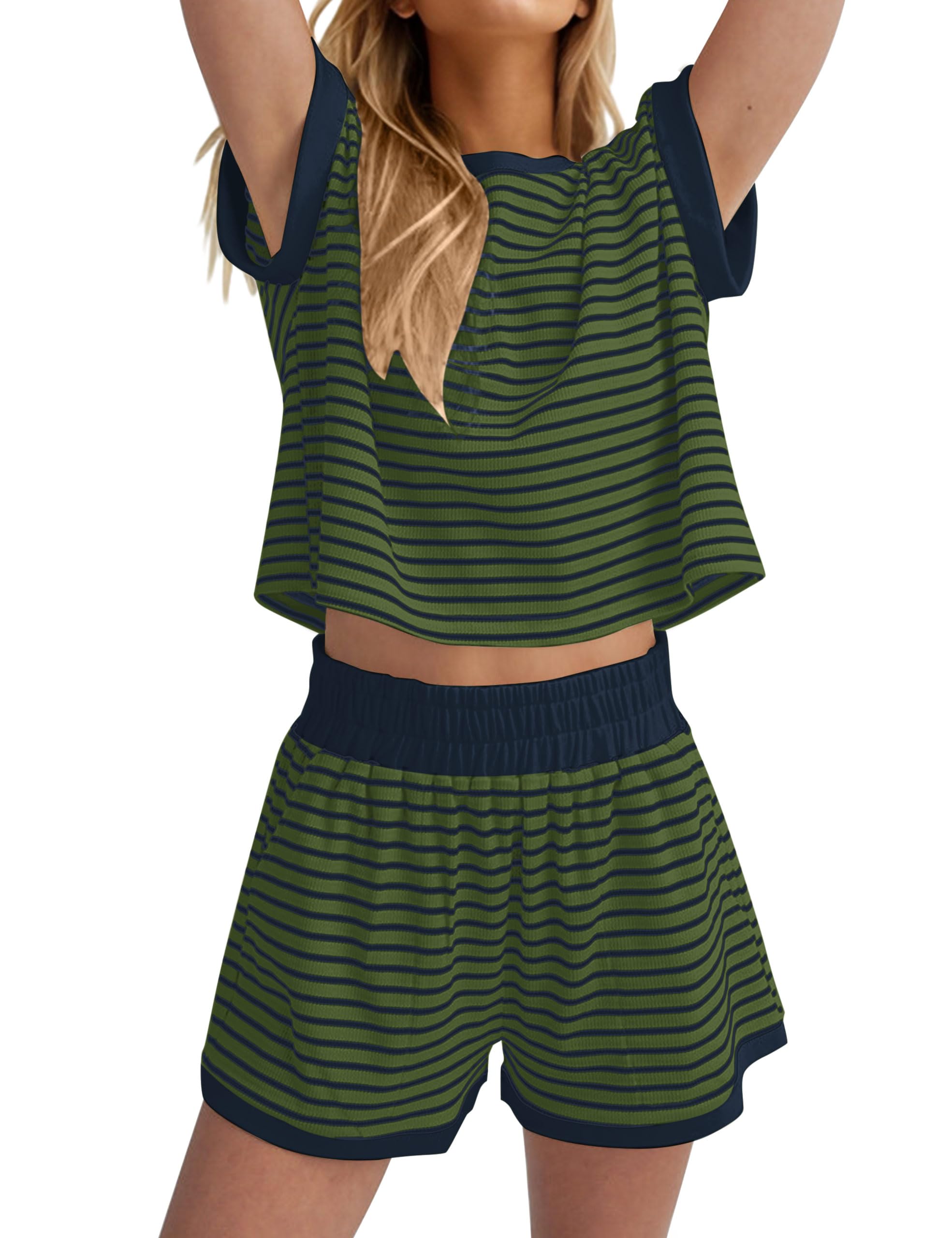 MISSACTIVER 2 Piece Lounge Set Women Stripe Knit Short Sleeve Tee Shirts Shorts Casual Summer Loungewear Shorts Sets