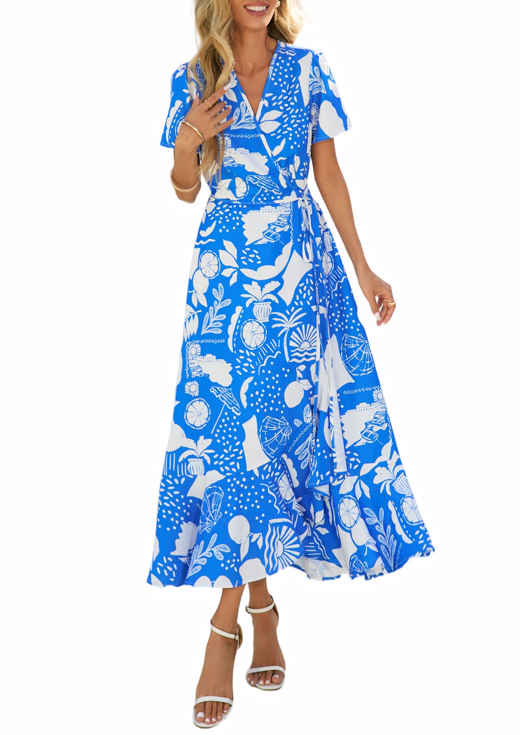 PRETTYGARDEN Women's Boho Floral Maxi Dress Summer Short Sleeve Wrap V Neck Long Flowy Beach Vacation Wedding Guest Dresses