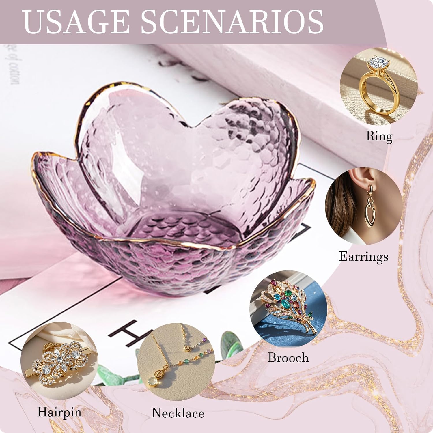 Gifts for Women Trinket Dish Flower Jewelry Dish Pink Glass Ring Holder Jewellery Tray Cute Room Decor Aesthetic Bedroom Accessories Unique Birthday New Home Mothers Day Gifts for Women Friends(2 pcs)
