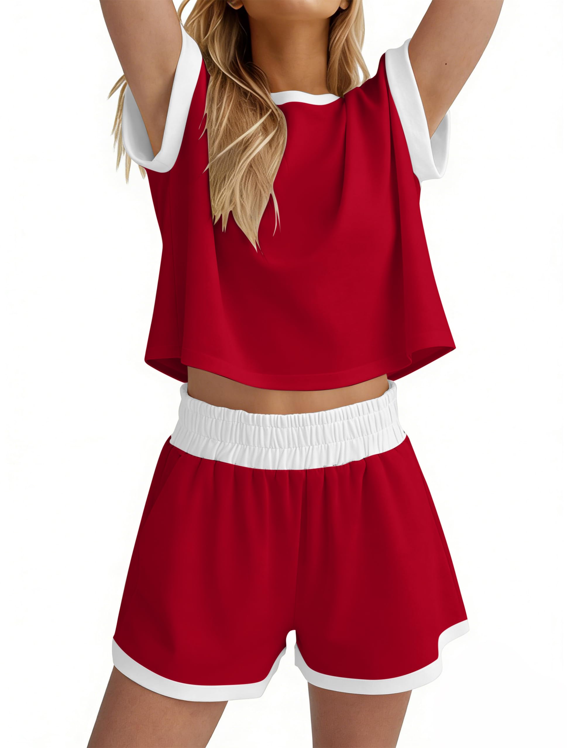 MISSACTIVER 2 Piece Lounge Set Women Stripe Knit Short Sleeve Tee Shirts Shorts Casual Summer Loungewear Shorts Sets
