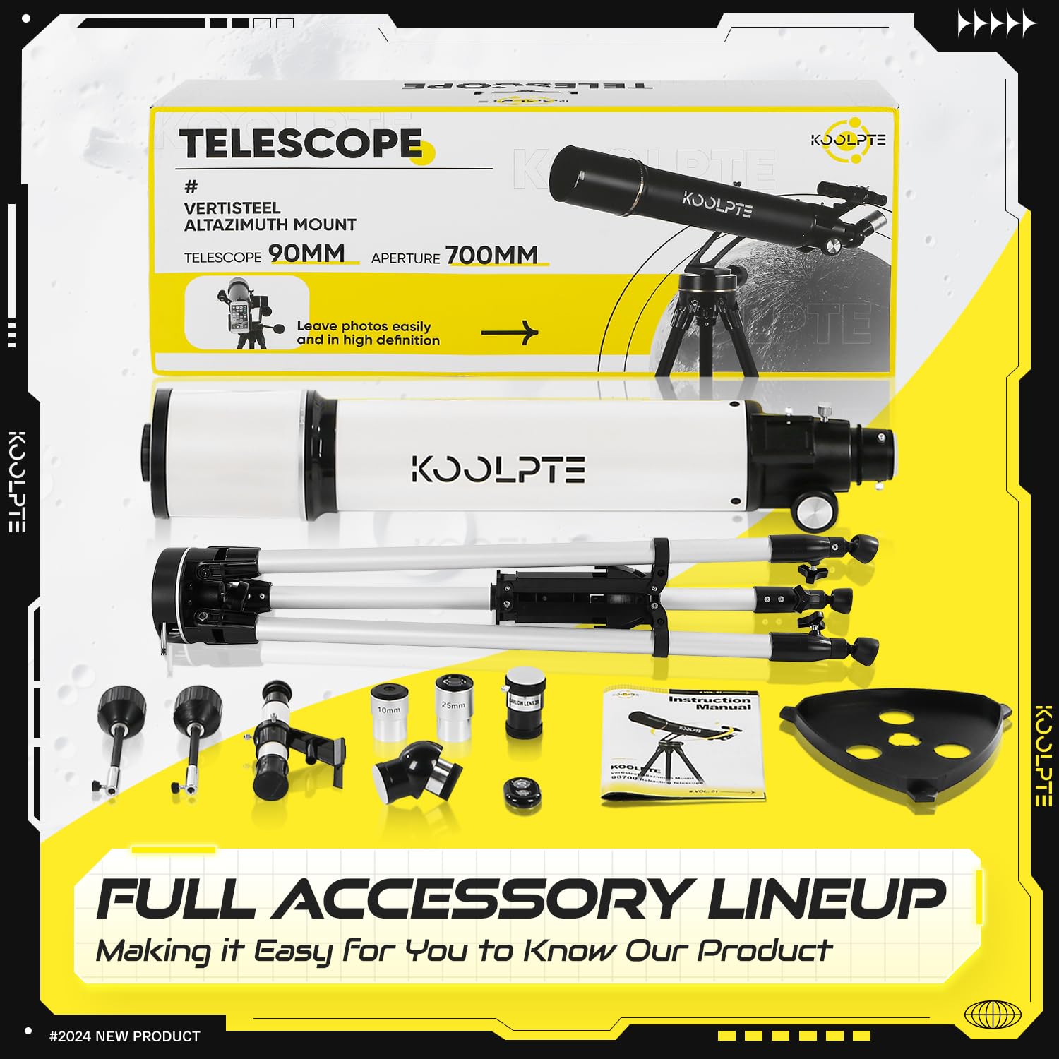 Telescope, 90mm Aperture 700mm Professional Telescope for Adults, High Power with Upgraded Vertisteel AZ Slow-Motion Mount Telescopes for Astronomy Beginners, Stainless Steel Tripod, Phone Adapter,Bag