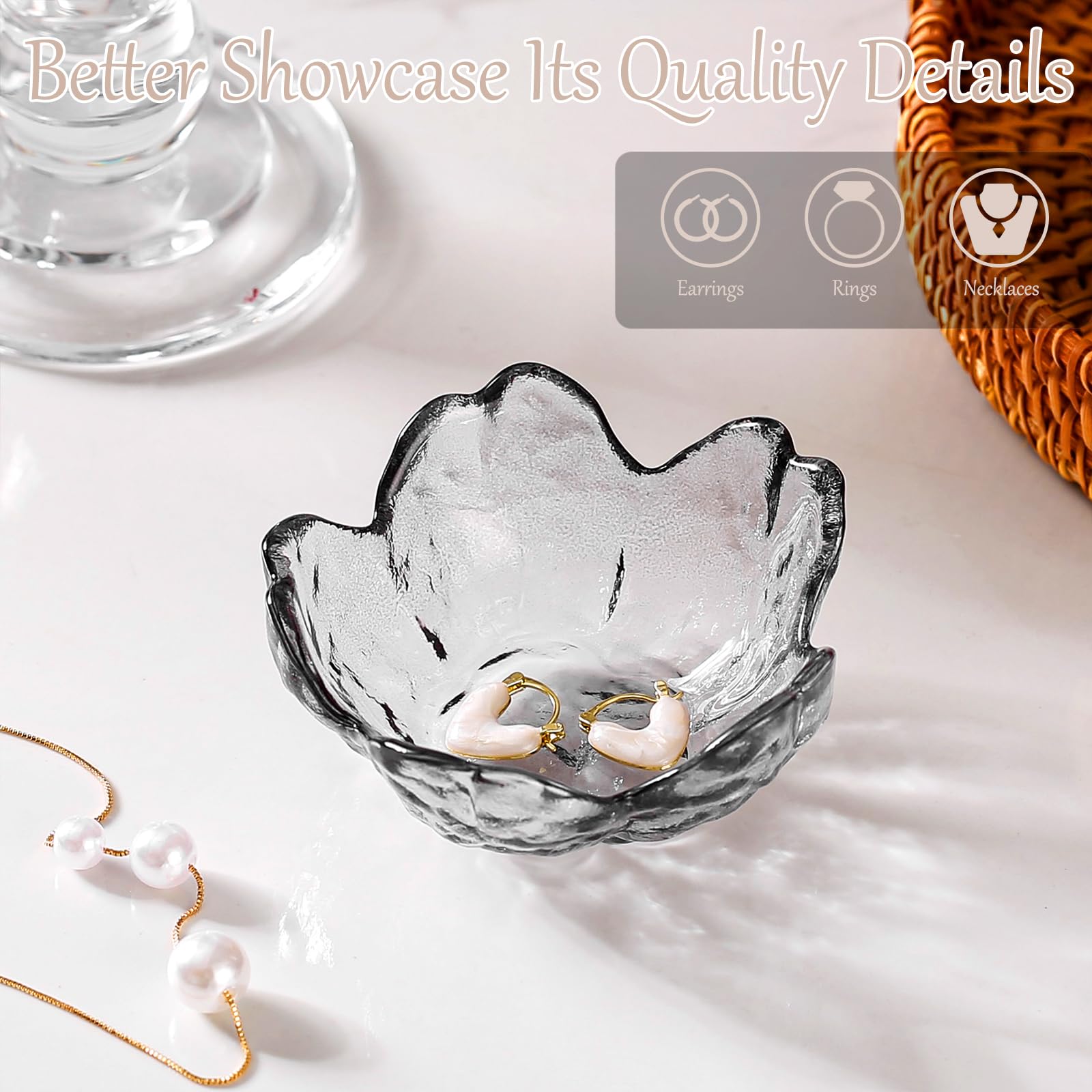 Gifts for Women Trinket Dish Flower Jewelry Dish Pink Glass Ring Holder Jewellery Tray Cute Room Decor Aesthetic Bedroom Accessories Unique Birthday New Home Mothers Day Gifts for Women Friends(2 pcs)