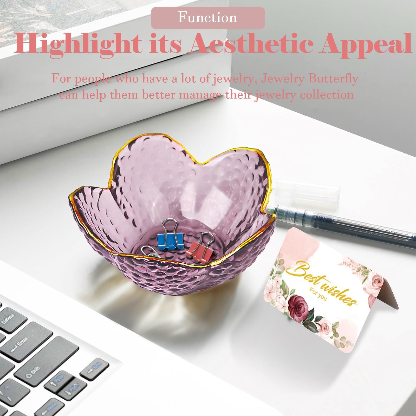 Gifts for Women Trinket Dish Flower Jewelry Dish Pink Glass Ring Holder Jewellery Tray Cute Room Decor Aesthetic Bedroom Accessories Unique Birthday New Home Mothers Day Gifts for Women Friends(2 pcs)