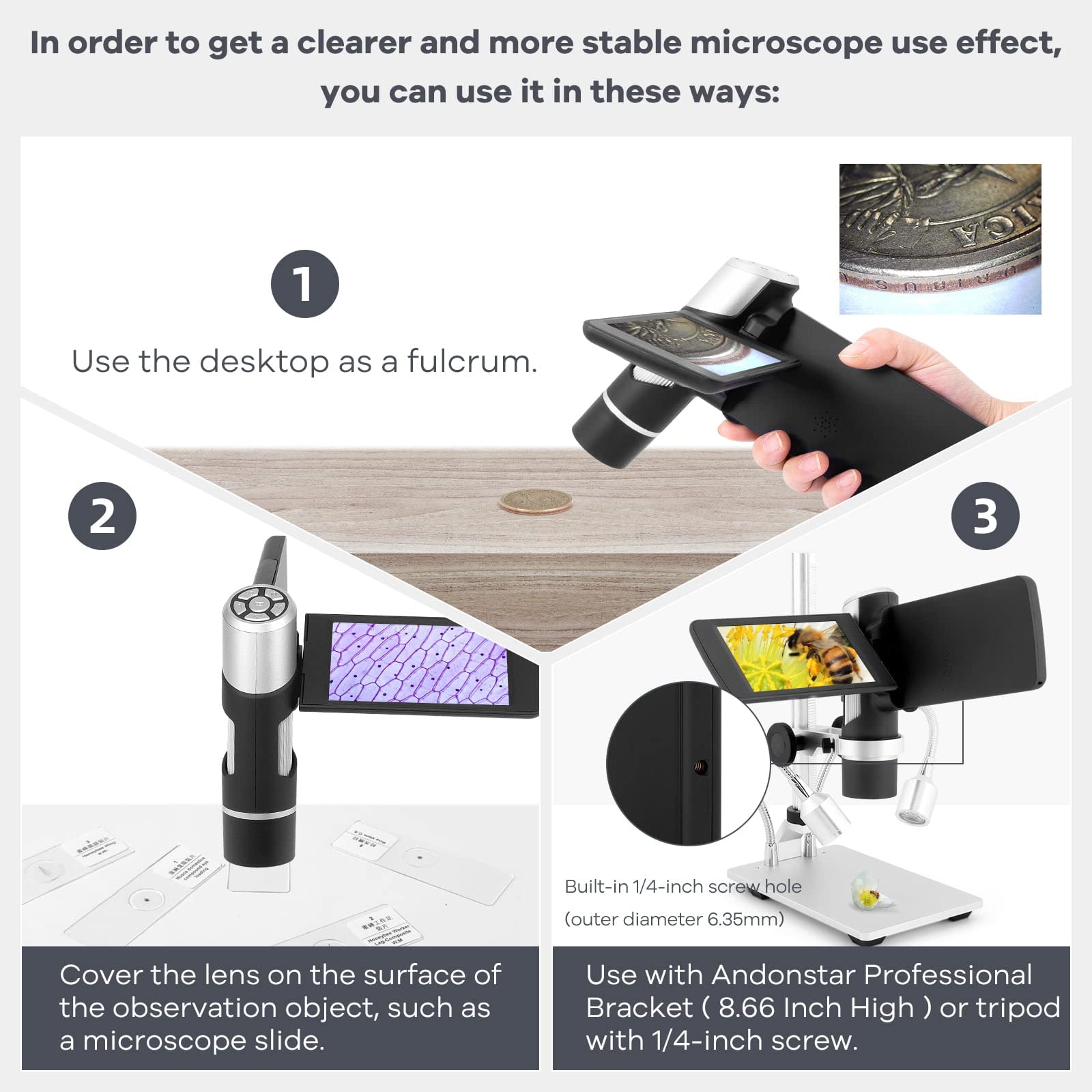 Andonstar AD203 Handheld Digital Microscope, Portable Pocket USB Coin Microscope with 4 inch Screen for Kids and Adults, Black, Electronic FHD Video, Windows Mac PC