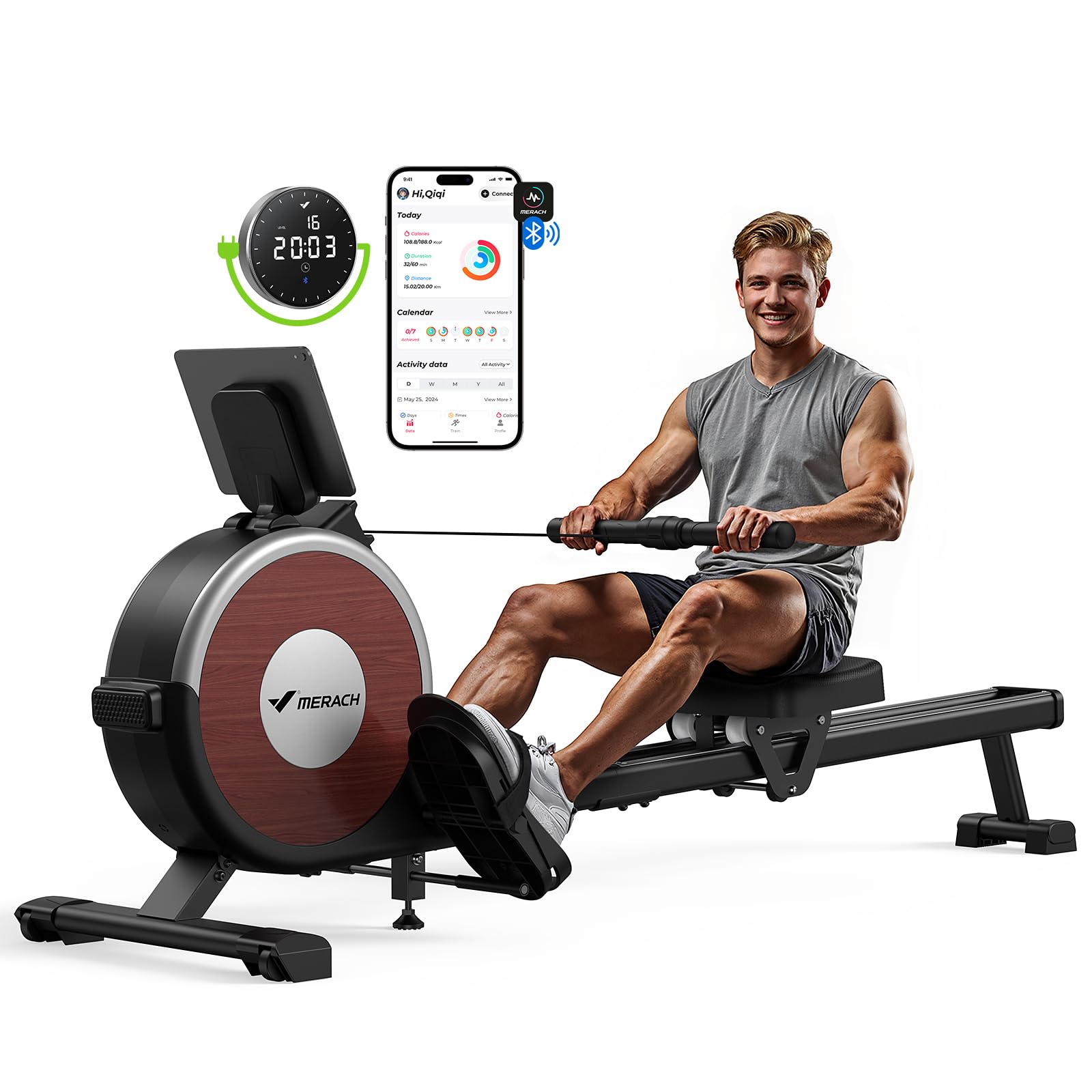 MERACH Rowing Machines for Home, Magnetic Rowing Machine with 16 Levels, Rower Machine of Quiet Resistance, Dual Slide Rail with Max 350lbs Weight Capacity, App Compatible