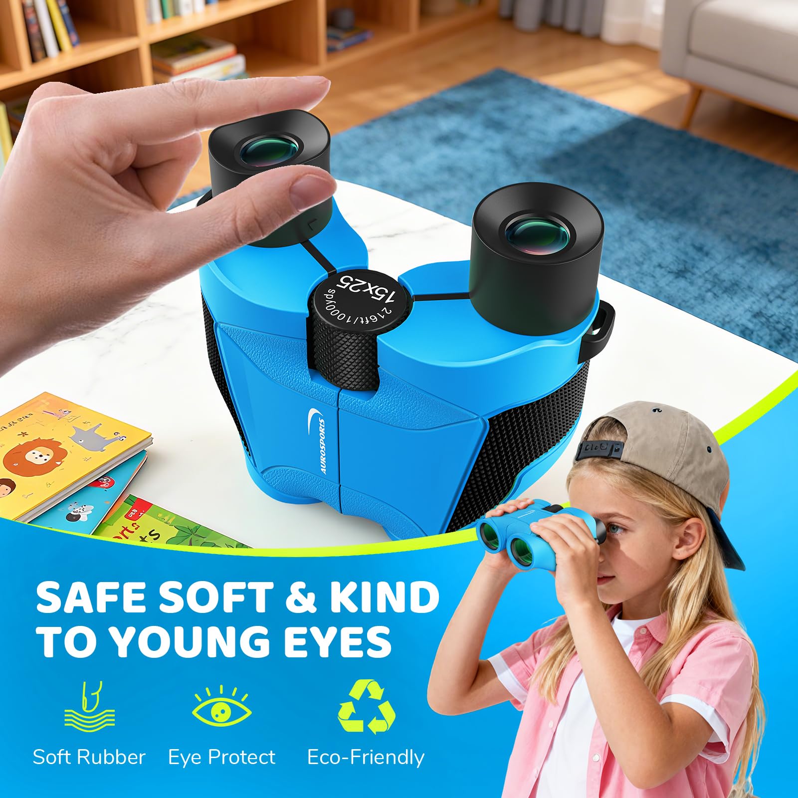 Aurosports 15x25 Compact Binoculars for Kids - Small Binoculars Lightweight with Carrying Case Birding Guide for Bird Watching Hiking Camping Travel Gift for 8-12 Years Boys Girls (Black)