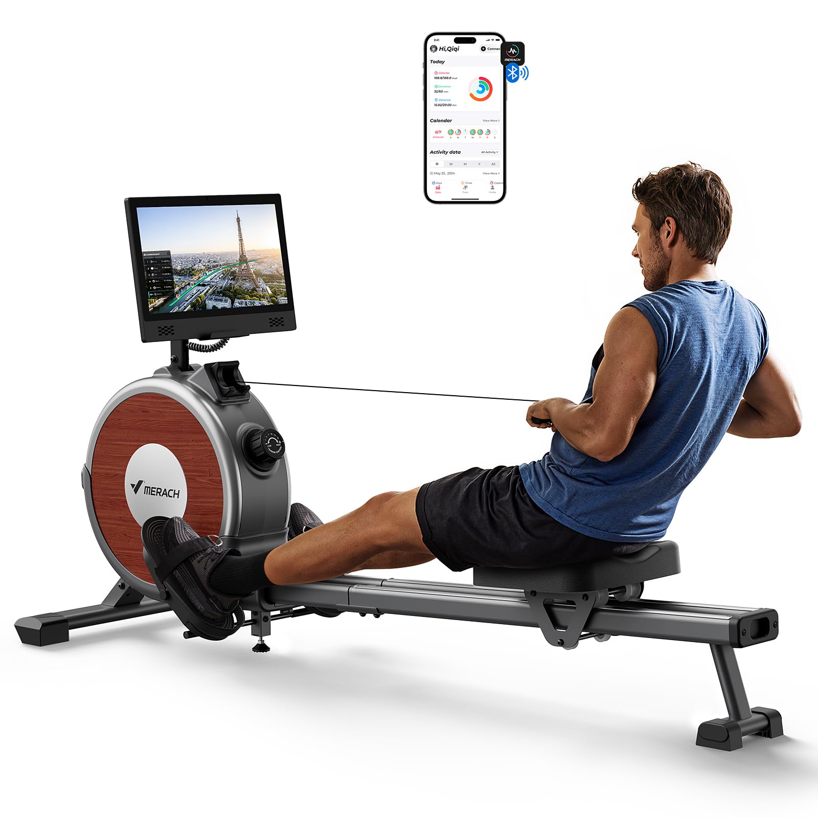 MERACH Rowing Machines for Home, Magnetic Rowing Machine with 16 Levels, Rower Machine of Quiet Resistance, Dual Slide Rail with Max 350lbs Weight Capacity, App Compatible