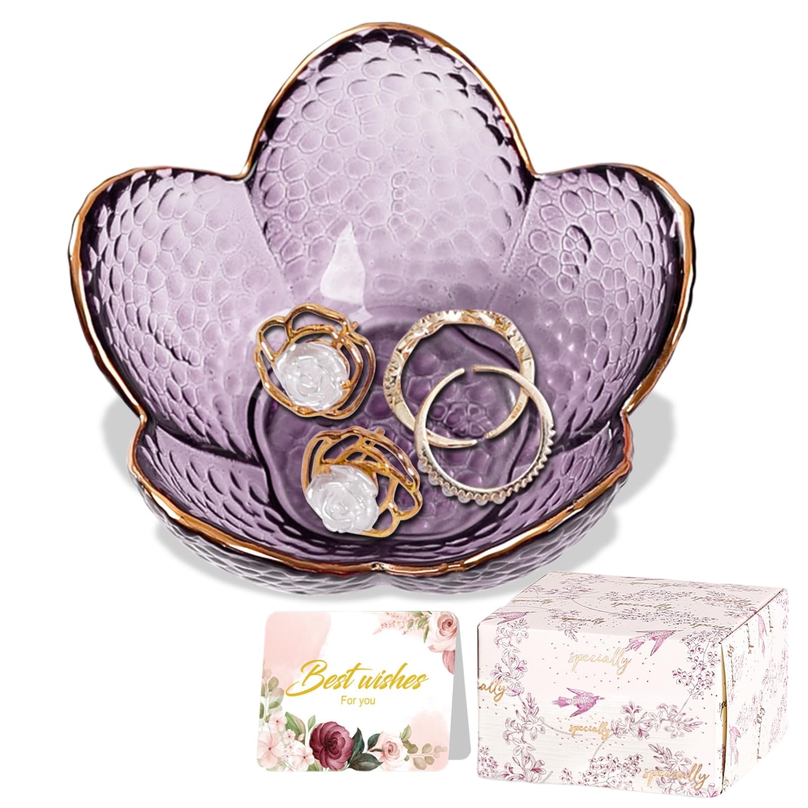 Gifts for Women Trinket Dish Flower Jewelry Dish Pink Glass Ring Holder Jewellery Tray Cute Room Decor Aesthetic Bedroom Accessories Unique Birthday New Home Mothers Day Gifts for Women Friends(2 pcs)