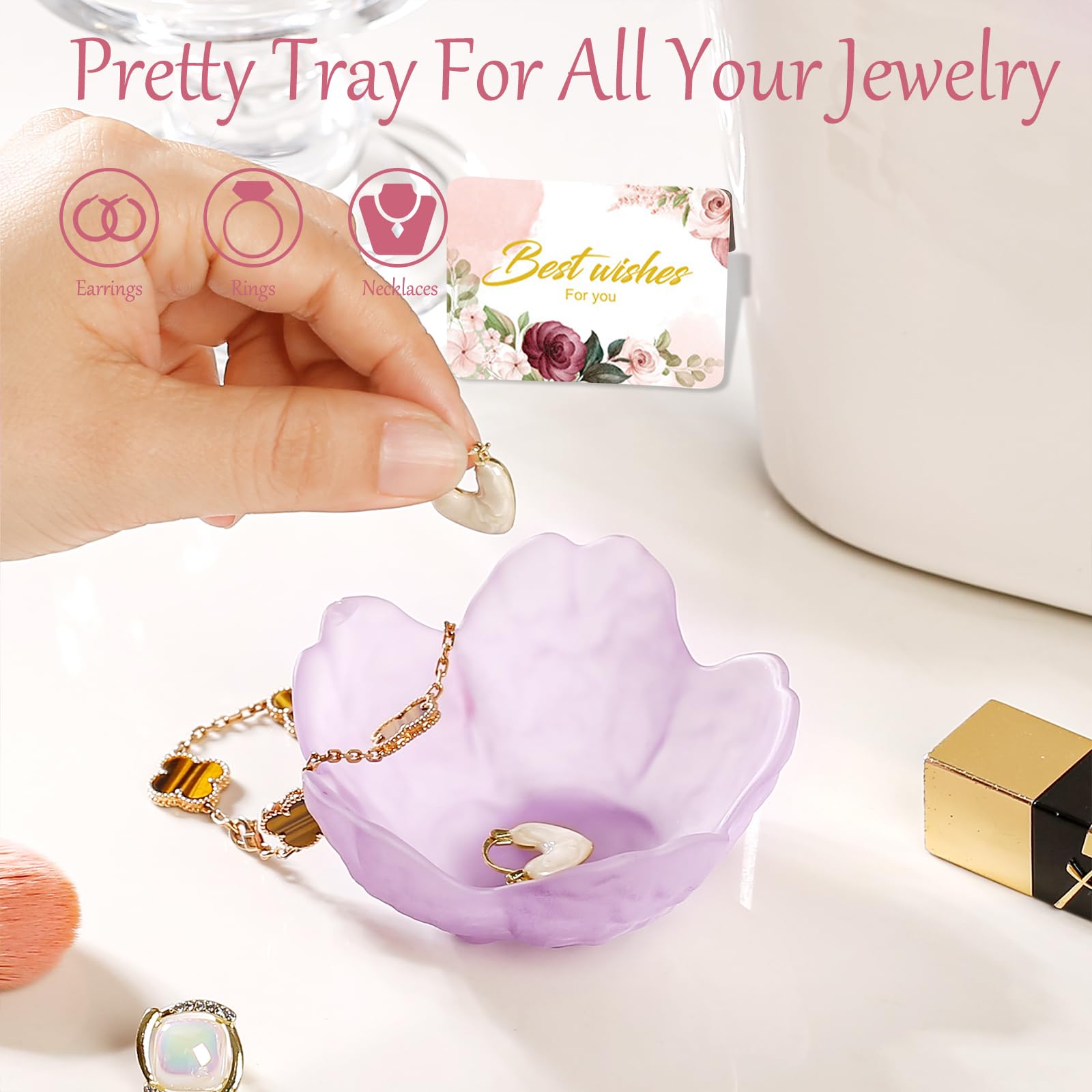 Gifts for Women Trinket Dish Flower Jewelry Dish Pink Glass Ring Holder Jewellery Tray Cute Room Decor Aesthetic Bedroom Accessories Unique Birthday New Home Mothers Day Gifts for Women Friends(2 pcs)