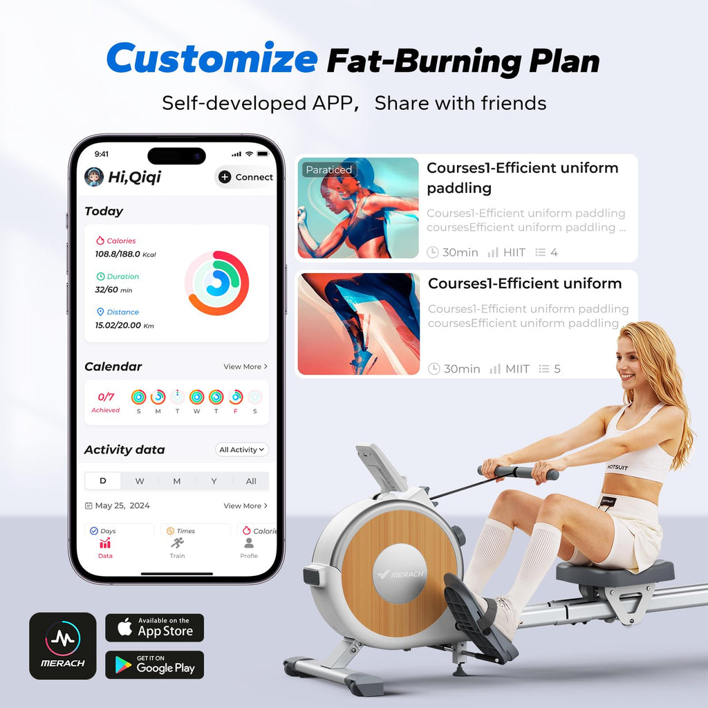 MERACH Rowing Machines for Home, Magnetic Rowing Machine with 16 Levels, Rower Machine of Quiet Resistance, Dual Slide Rail with Max 350lbs Weight Capacity, App Compatible