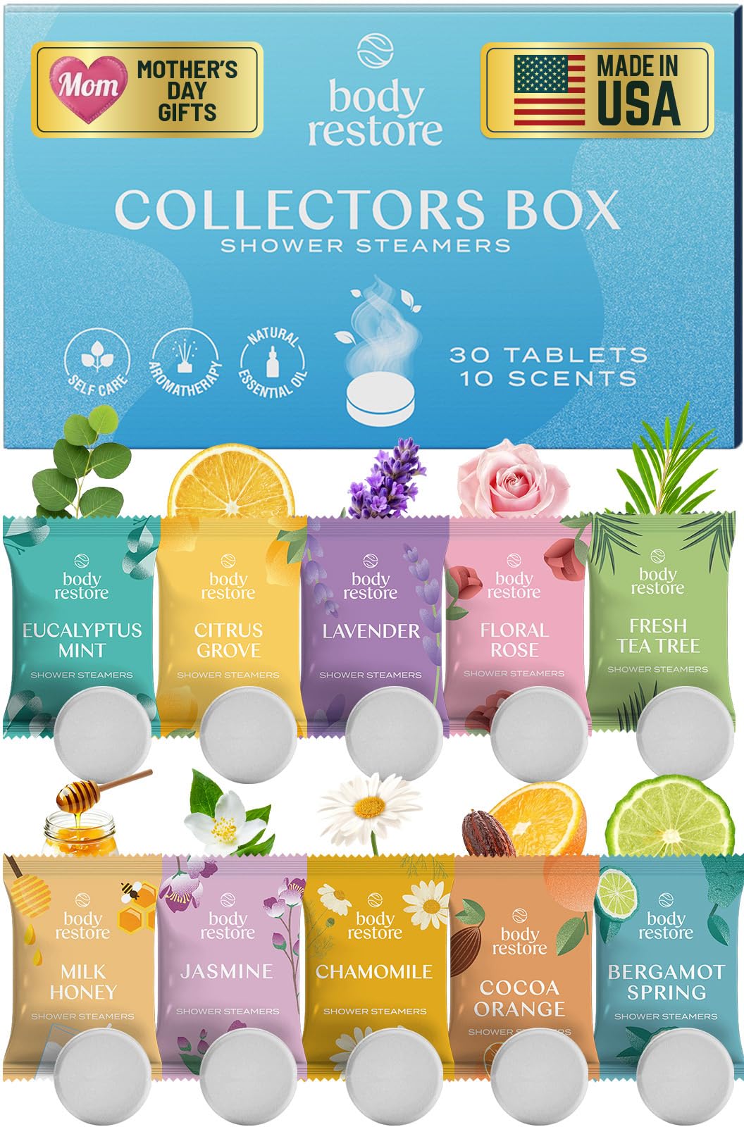Body Restore Shower Steamers Aromatherapy 6 Pack – Mothers Day Gifts for Mom, Birthday Gifts for Women, Relaxation Stress Relief Self Care – Citrus Essential Oil Tablets