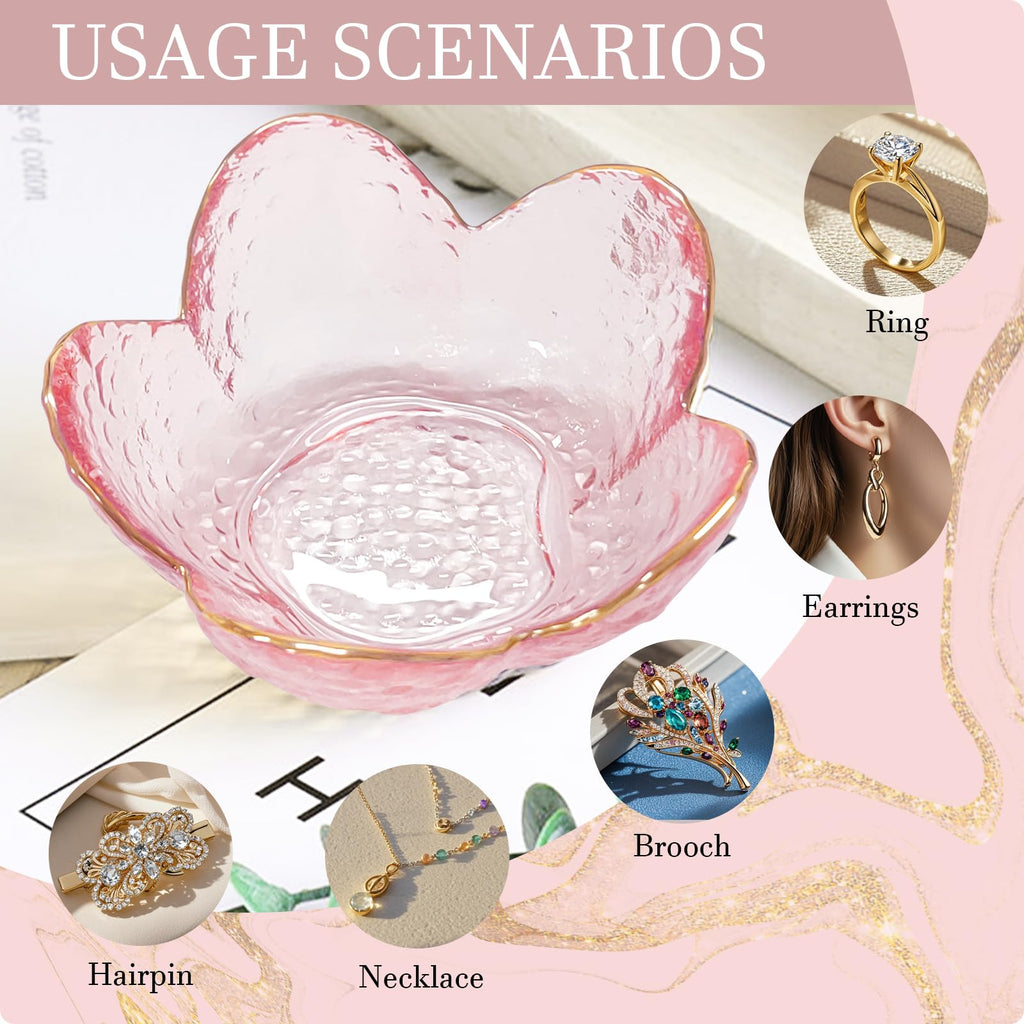 Gifts for Women Trinket Dish Flower Jewelry Dish Pink Glass Ring Holder Jewellery Tray Cute Room Decor Aesthetic Bedroom Accessories Unique Birthday New Home Mothers Day Gifts for Women Friends(2 pcs)