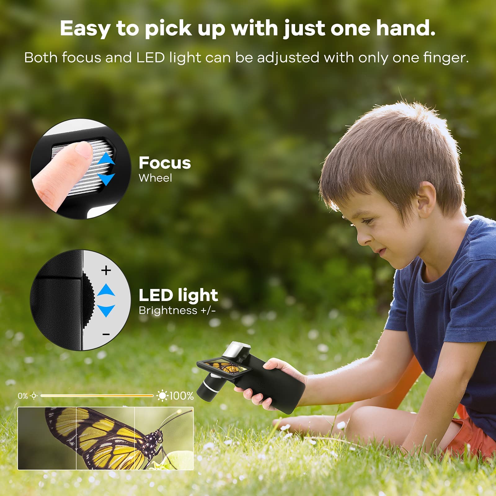 Andonstar AD203 Handheld Digital Microscope, Portable Pocket USB Coin Microscope with 4 inch Screen for Kids and Adults, Black, Electronic FHD Video, Windows Mac PC