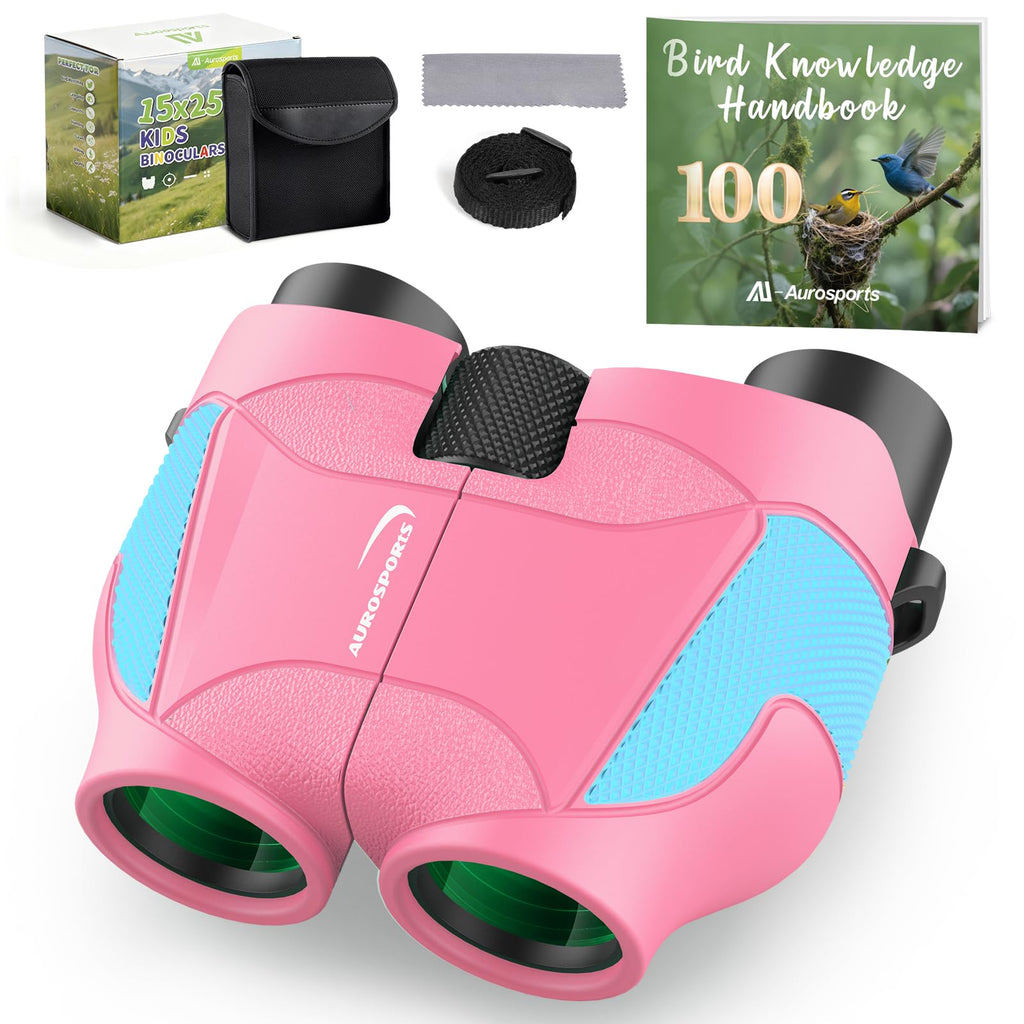 Aurosports 15x25 Compact Binoculars for Kids - Small Binoculars Lightweight with Carrying Case Birding Guide for Bird Watching Hiking Camping Travel Gift for 8-12 Years Boys Girls (Black)