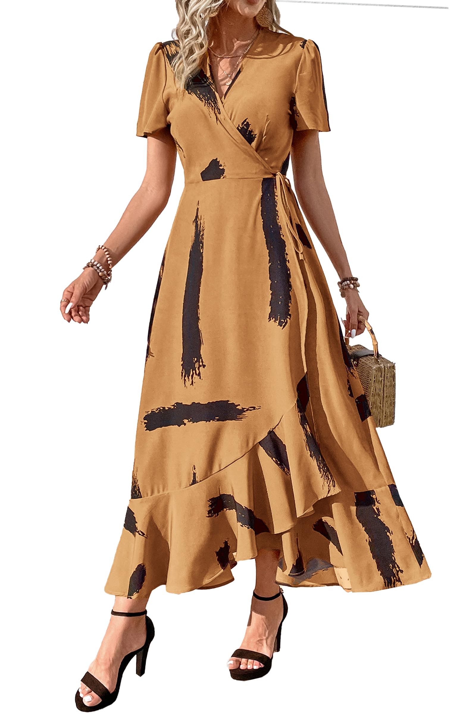 PRETTYGARDEN Women's Boho Floral Maxi Dress Summer Short Sleeve Wrap V Neck Long Flowy Beach Vacation Wedding Guest Dresses