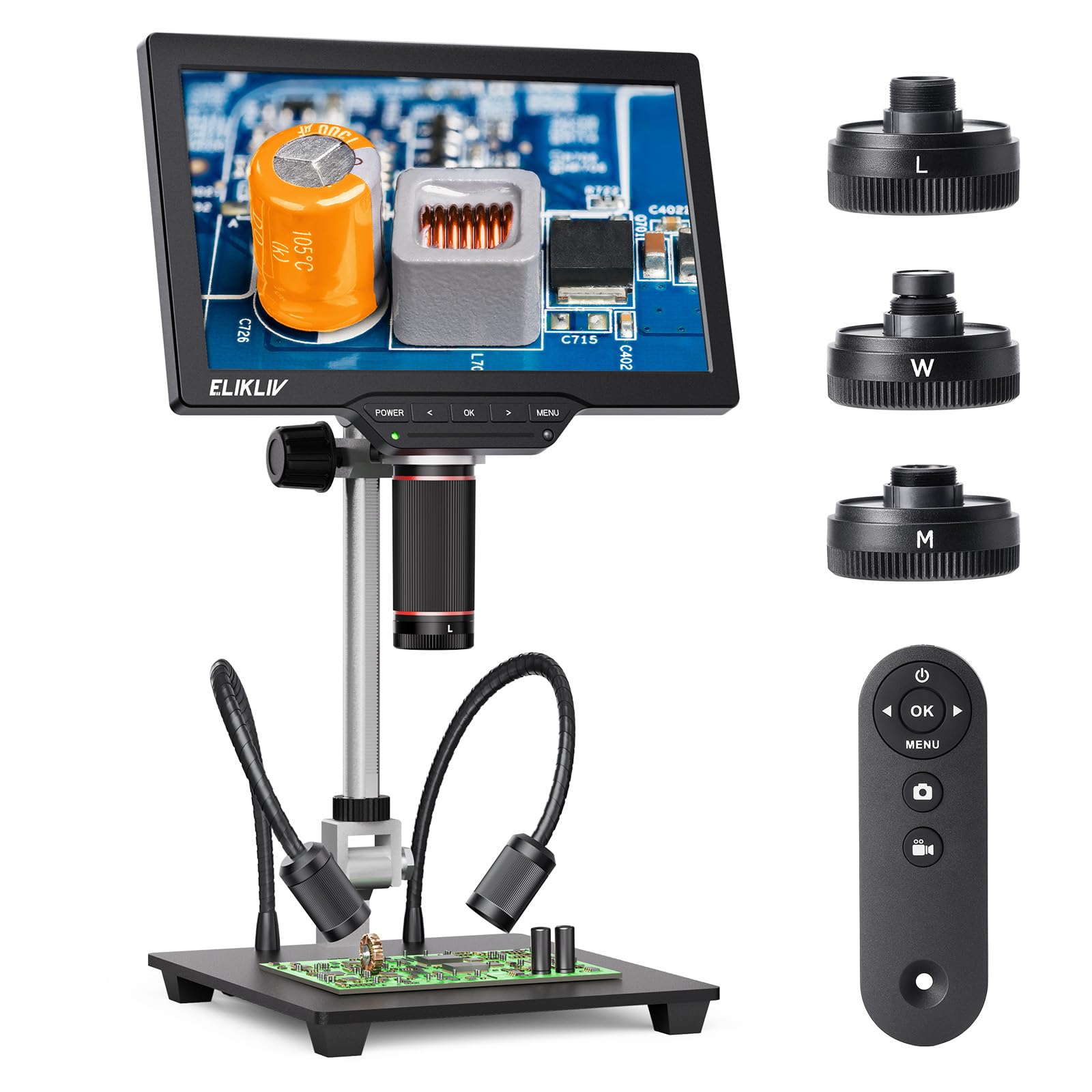 Elikliv 4K 3-Lens Digital Microscope: TL301-Magnetic Coin Microscope Magnifier Full Coin View, Soldering Microscopes for Adults with 7" IPS Screen, Side Lights, 10" Stand, PC/TV Compatible, 16GB