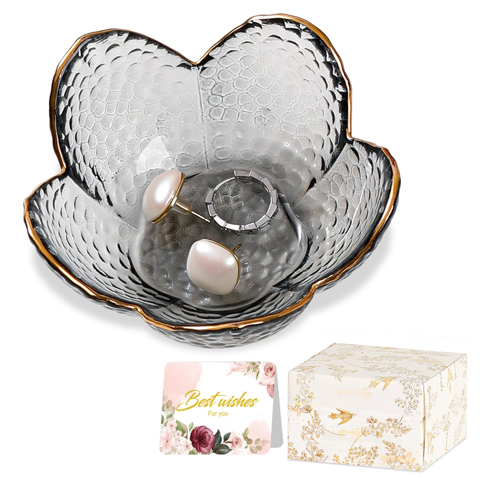 Gifts for Women Trinket Dish Flower Jewelry Dish Pink Glass Ring Holder Jewellery Tray Cute Room Decor Aesthetic Bedroom Accessories Unique Birthday New Home Mothers Day Gifts for Women Friends(2 pcs)