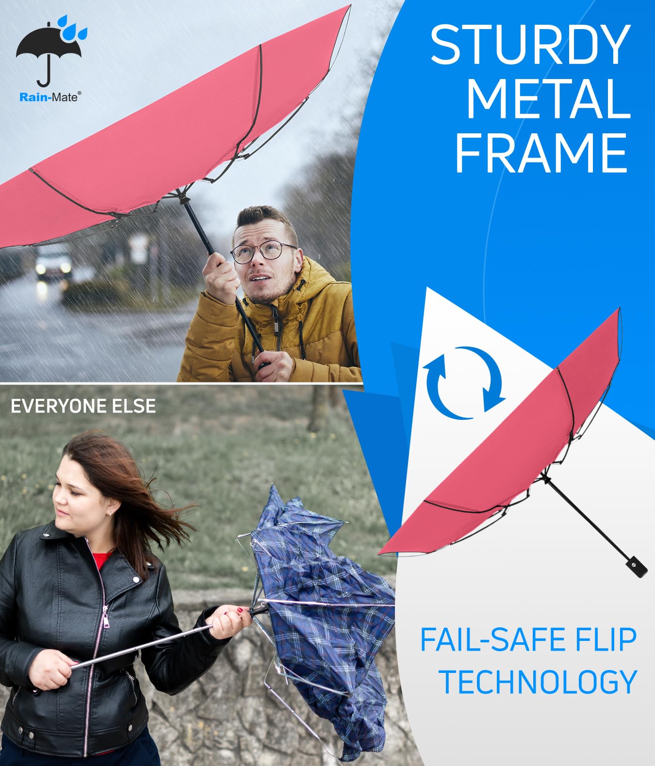 Rain-Mate Windproof Compact Umbrellas for Rain - Strong Reinforced Fiberglass Rib Design & Auto Open & Close - Portable Folding Travel Umbrella - Lightweight & Packable for Women & Men, Easy Collapse