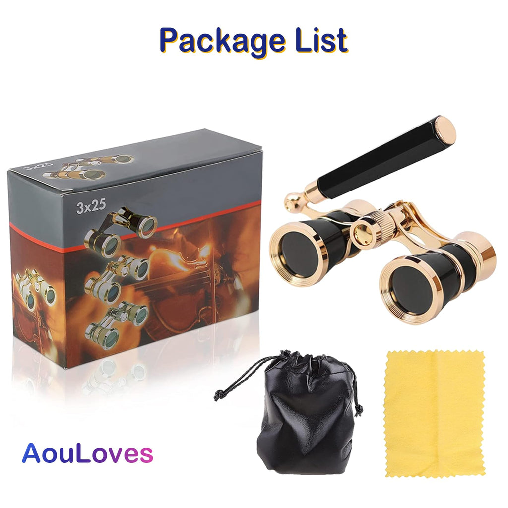 Opera Glasses Binoculars 3 X 25 Compact and Lightweight with Built-in Foldable Theater Glasses, Adjustable Handle for Adults Kids Women in Music Concerts and Opera Houses (Black)