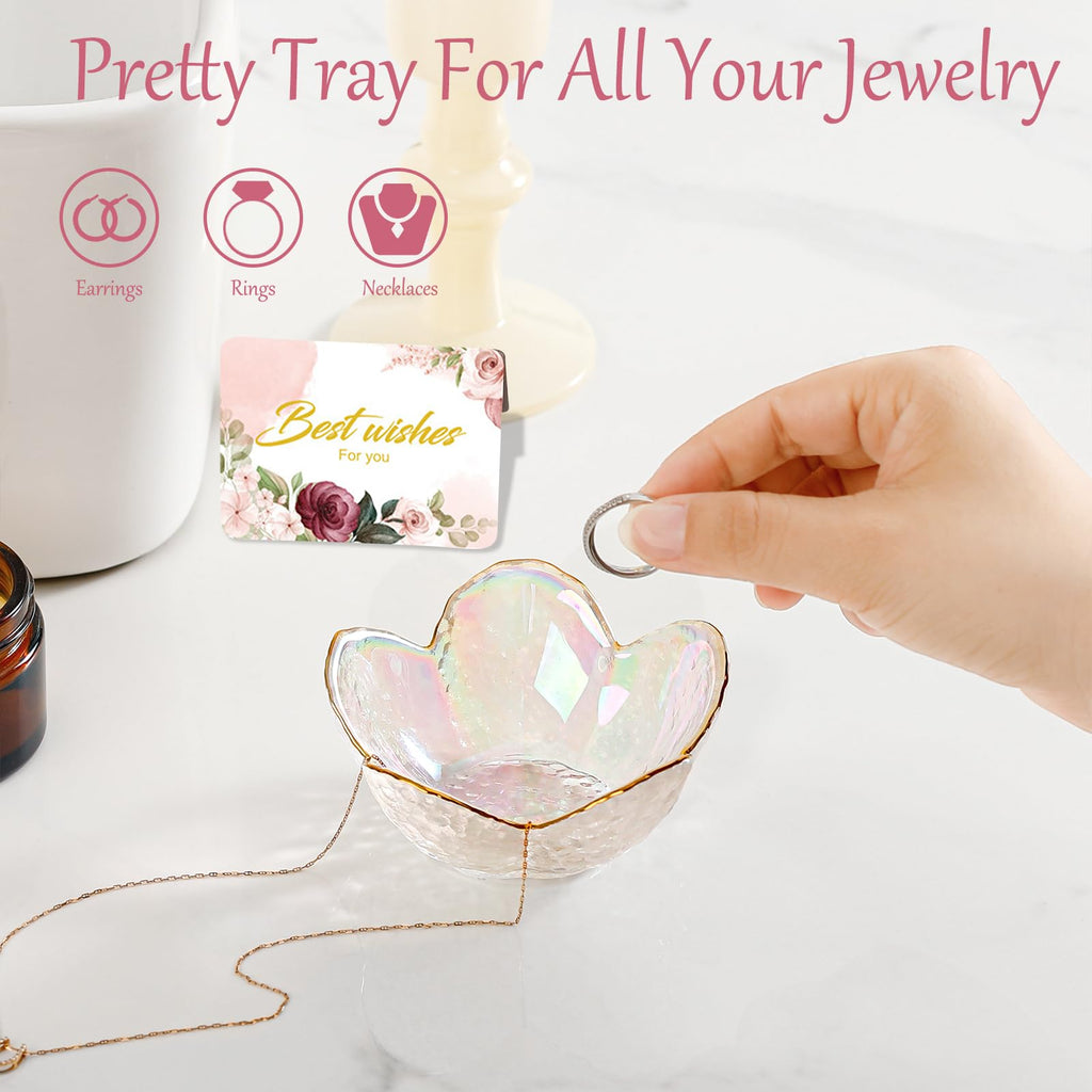 Gifts for Women Trinket Dish Flower Jewelry Dish Pink Glass Ring Holder Jewellery Tray Cute Room Decor Aesthetic Bedroom Accessories Unique Birthday New Home Mothers Day Gifts for Women Friends(2 pcs)