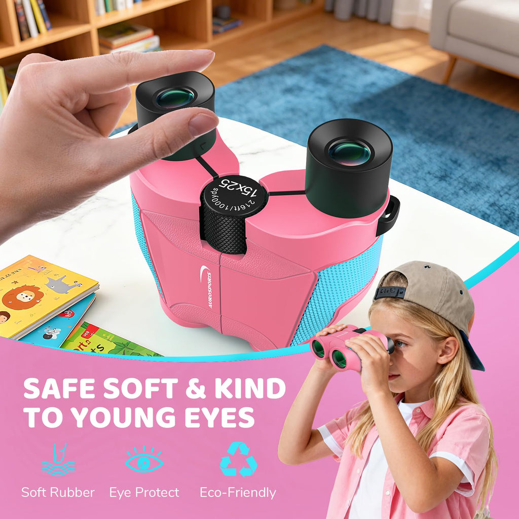 Aurosports 15x25 Compact Binoculars for Kids - Small Binoculars Lightweight with Carrying Case Birding Guide for Bird Watching Hiking Camping Travel Gift for 8-12 Years Boys Girls (Black)