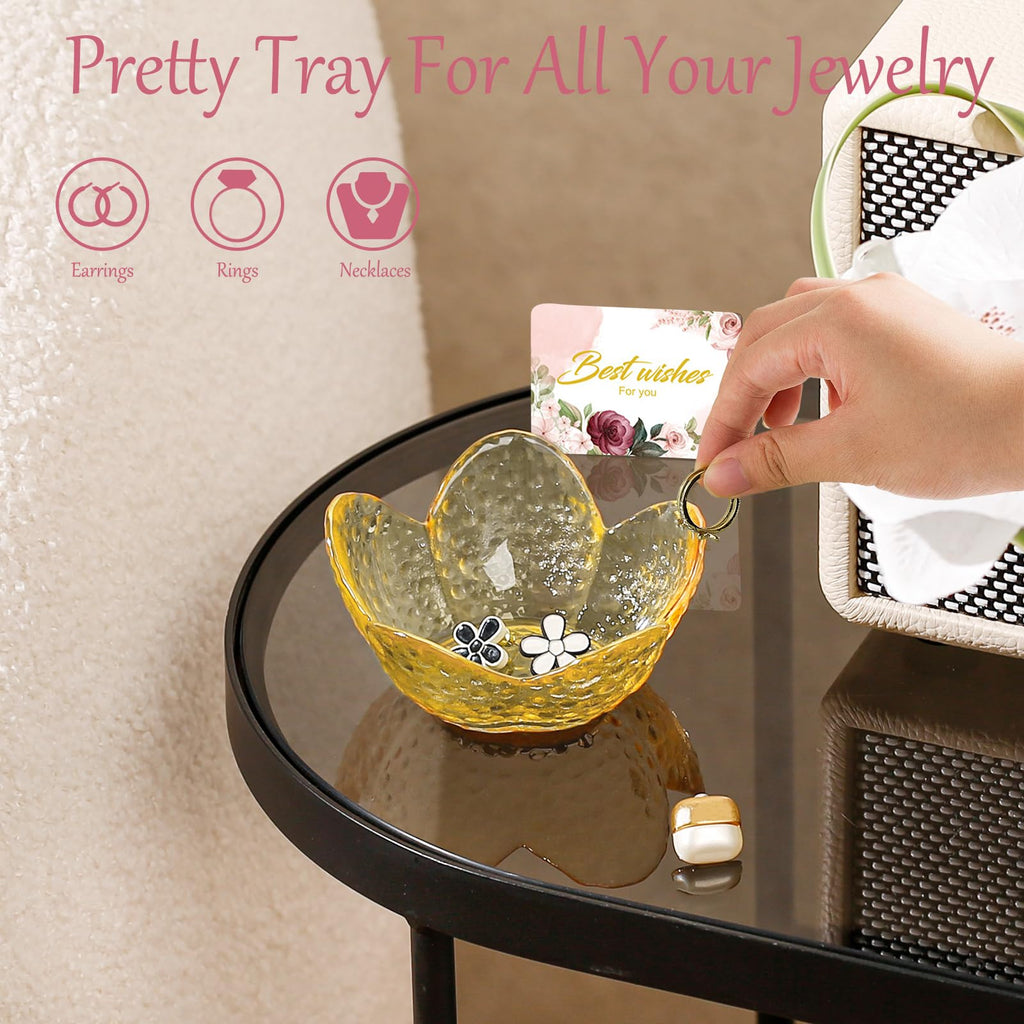 Gifts for Women Trinket Dish Flower Jewelry Dish Pink Glass Ring Holder Jewellery Tray Cute Room Decor Aesthetic Bedroom Accessories Unique Birthday New Home Mothers Day Gifts for Women Friends(2 pcs)