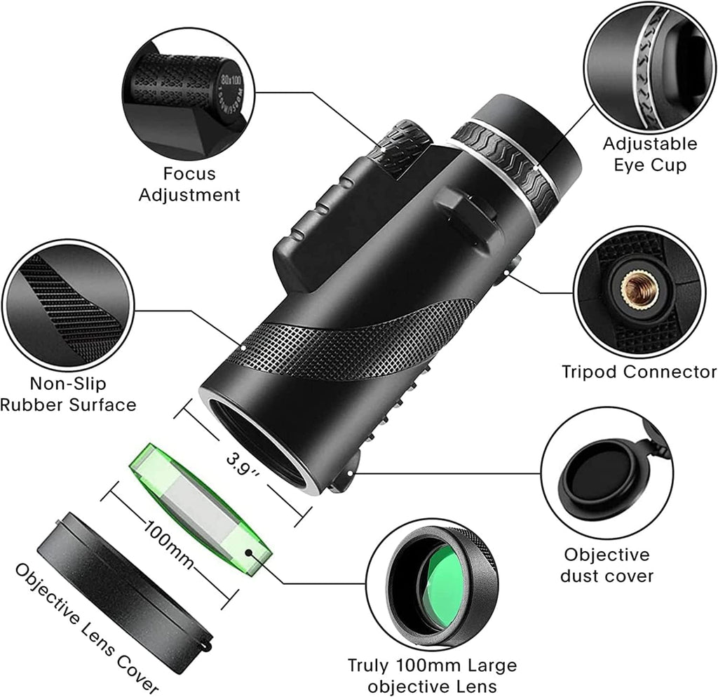 Monocular Telescope 80x100 High Powered Monoculars High Definition for Adults High Powered with Smartphone Adapter Telescope Wildlife Bird Watching Travel Camping Hiking Green