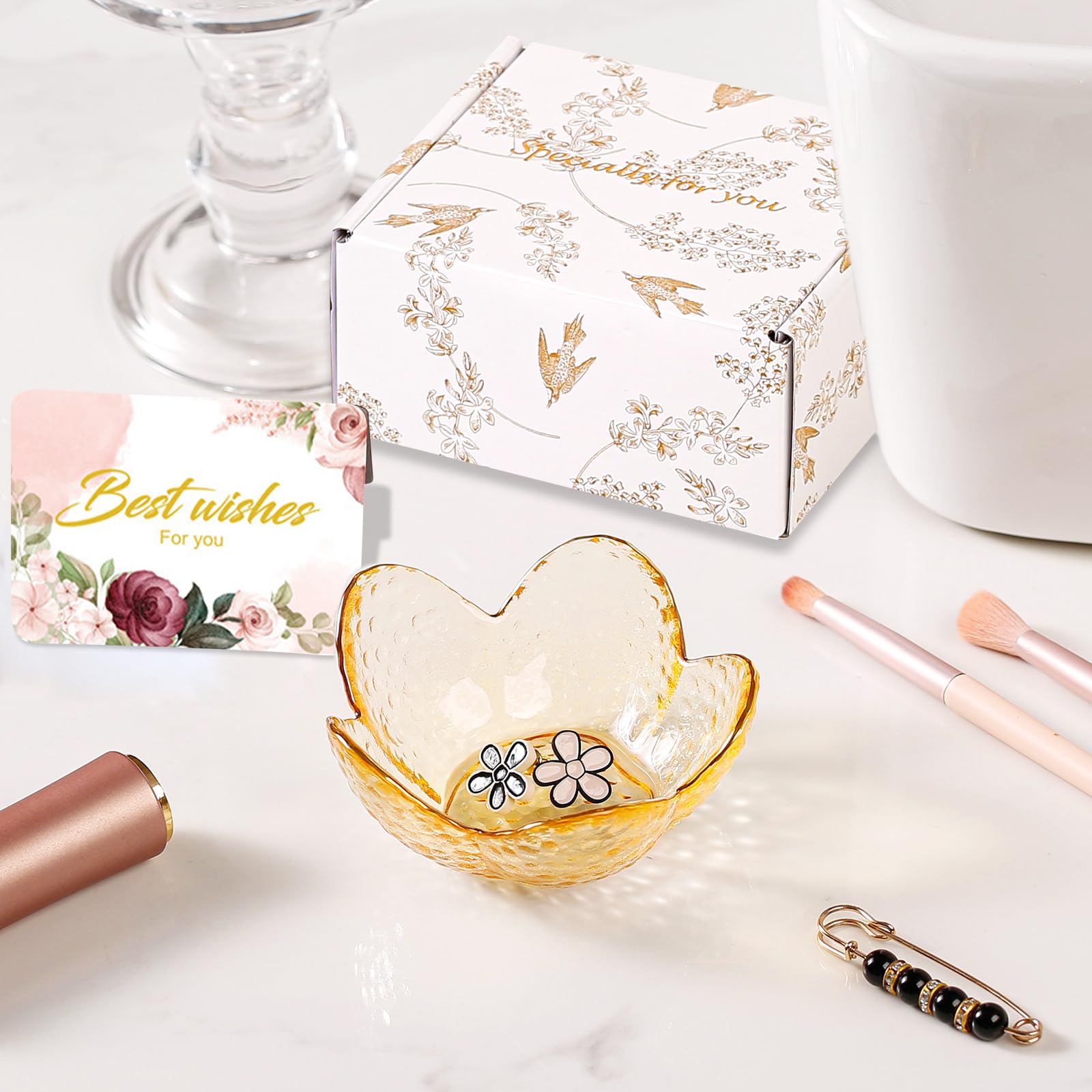Gifts for Women Trinket Dish Flower Jewelry Dish Pink Glass Ring Holder Jewellery Tray Cute Room Decor Aesthetic Bedroom Accessories Unique Birthday New Home Mothers Day Gifts for Women Friends(2 pcs)