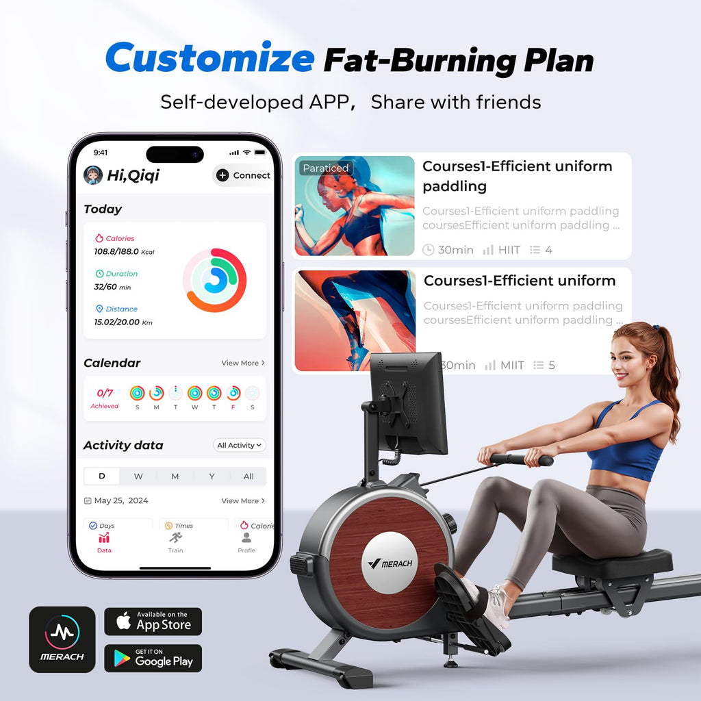 MERACH Rowing Machines for Home, Magnetic Rowing Machine with 16 Levels, Rower Machine of Quiet Resistance, Dual Slide Rail with Max 350lbs Weight Capacity, App Compatible