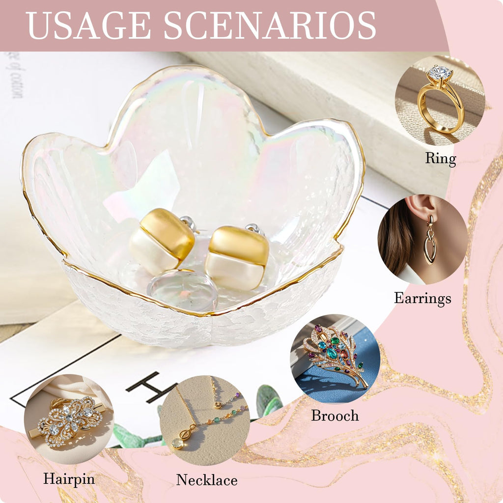 Gifts for Women Trinket Dish Flower Jewelry Dish Pink Glass Ring Holder Jewellery Tray Cute Room Decor Aesthetic Bedroom Accessories Unique Birthday New Home Mothers Day Gifts for Women Friends(2 pcs)