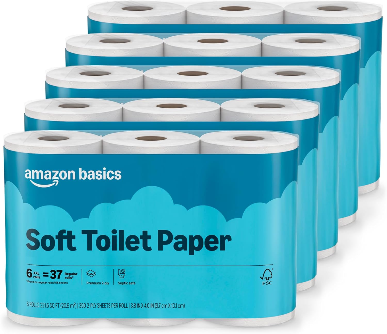 Amazon Basics 2-Ply Soft Toilet Paper, 6 Rolls, 350 Sheets per Roll, Equivalent to 37 Regular Rolls, Septic Safe