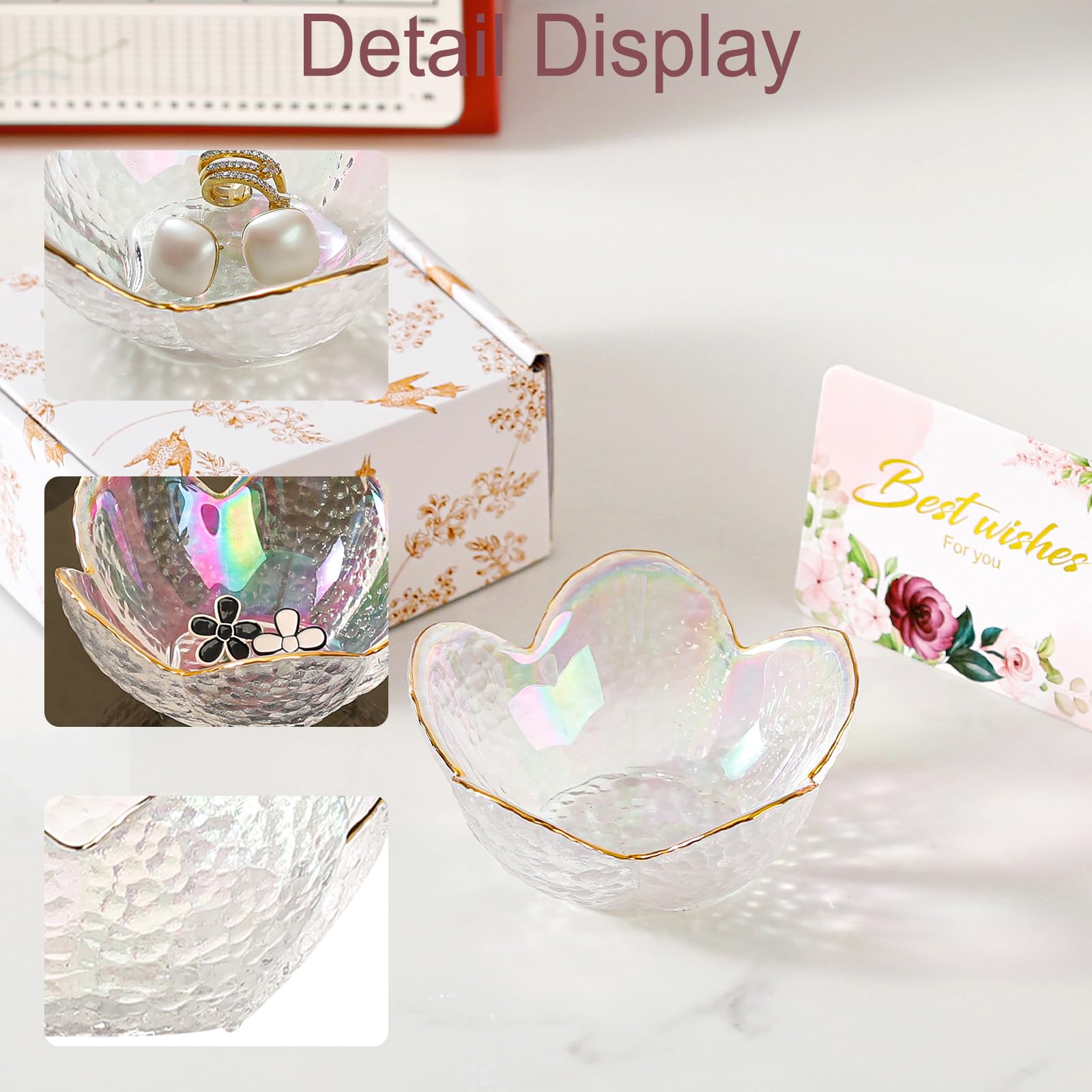 Gifts for Women Trinket Dish Flower Jewelry Dish Pink Glass Ring Holder Jewellery Tray Cute Room Decor Aesthetic Bedroom Accessories Unique Birthday New Home Mothers Day Gifts for Women Friends(2 pcs)
