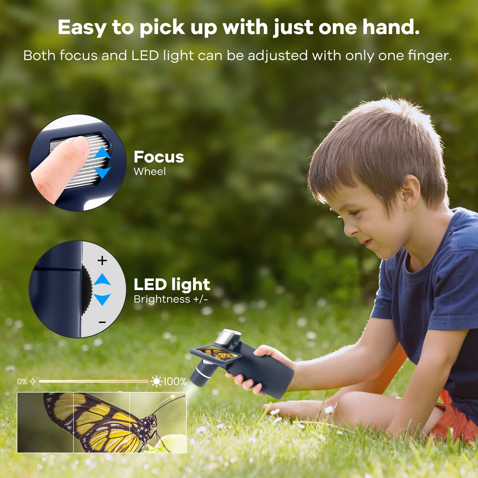 Andonstar AD203 Handheld Digital Microscope, Portable Pocket USB Coin Microscope with 4 inch Screen for Kids and Adults, Black, Electronic FHD Video, Windows Mac PC